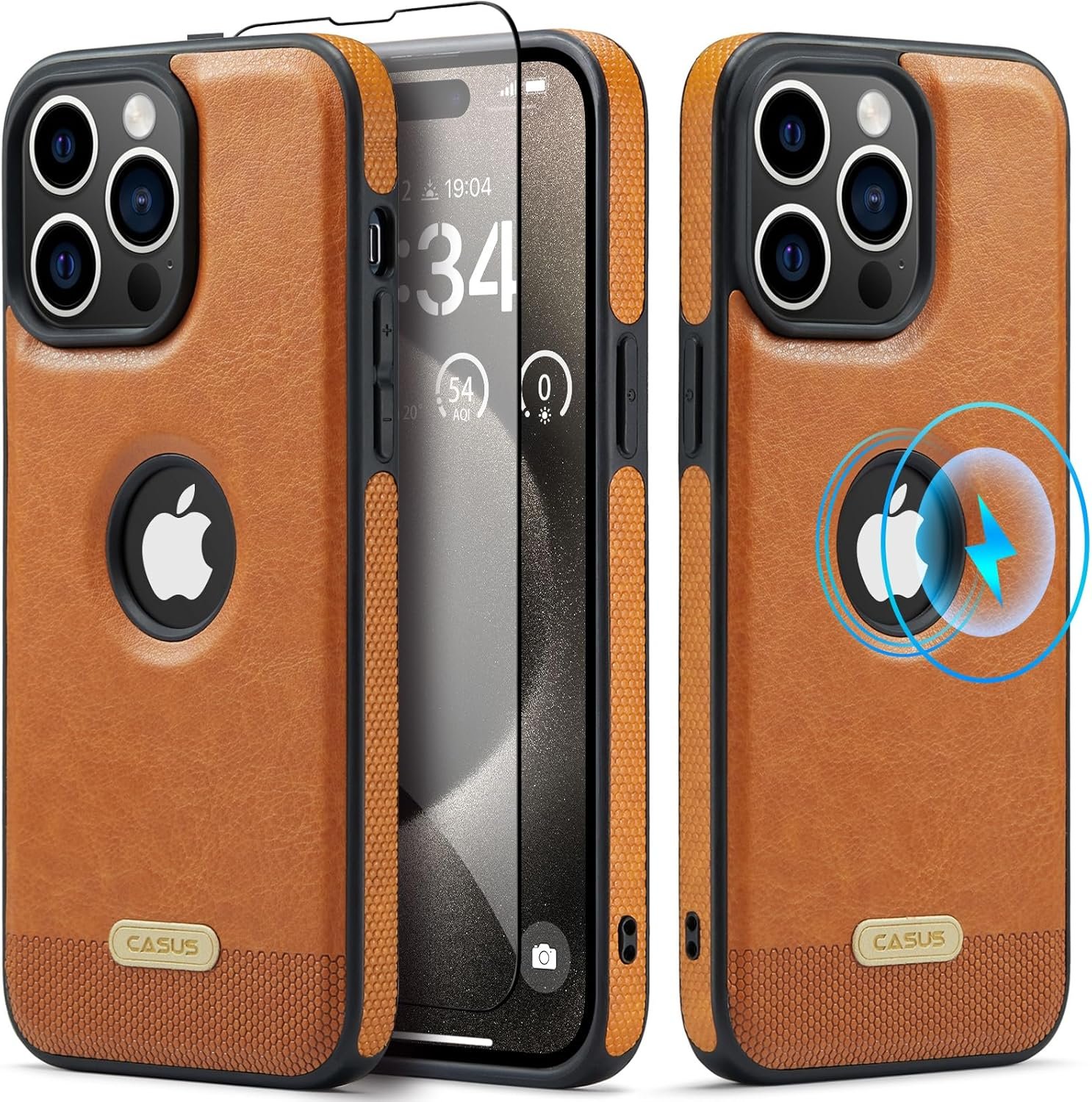 Casus Designed for iPhone 15 Pro Max Case Compatible with MagSafe Leather Slim Logo View Luxury Elegant Thin Cover with Tempered Glass Screen Protector (2023) - Brown - Image 2