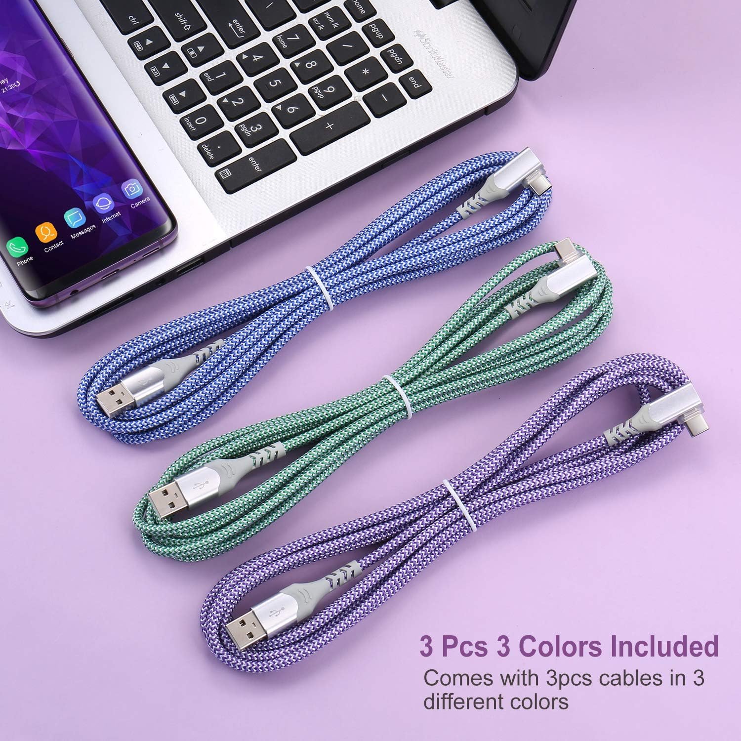 USB C Cable Fast Charging, Pofesun 3-Pack 10ft Nylon Braided Right Angle USB A to USB C Charger Cable, Type C Charging Cord Compatible for Samsung Galaxy S24/S23/S22/S21/S20,Note 20 10,LG G6 V30,Pixel - Image 7
