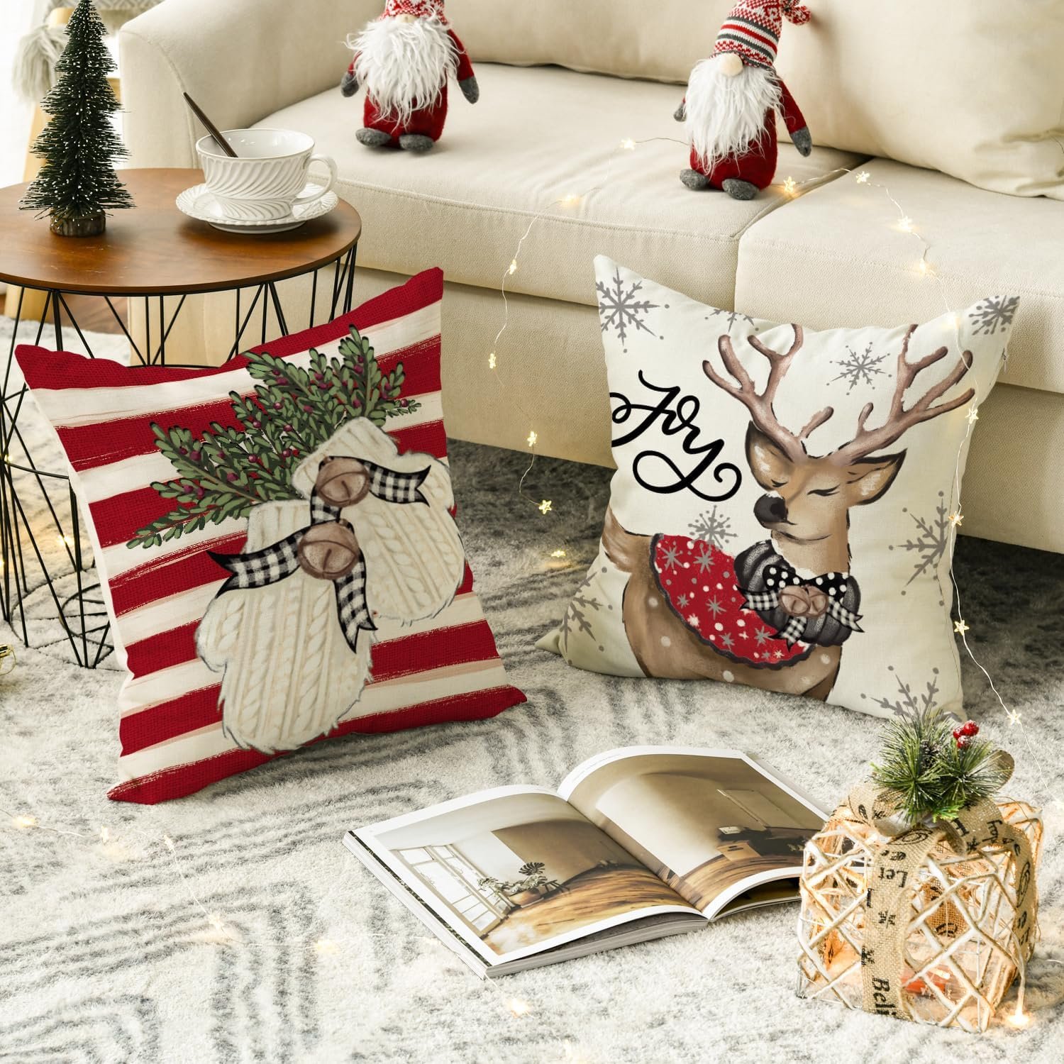 AVOIN colorlife Christmas Snowman Reindeer Gloves Eucalyptus Red Throw Pillow Covers, 16 x 16 Inch Winter Holiday Stripes Cushion Case Decoration for Sofa Couch Set of 4 - Image 5