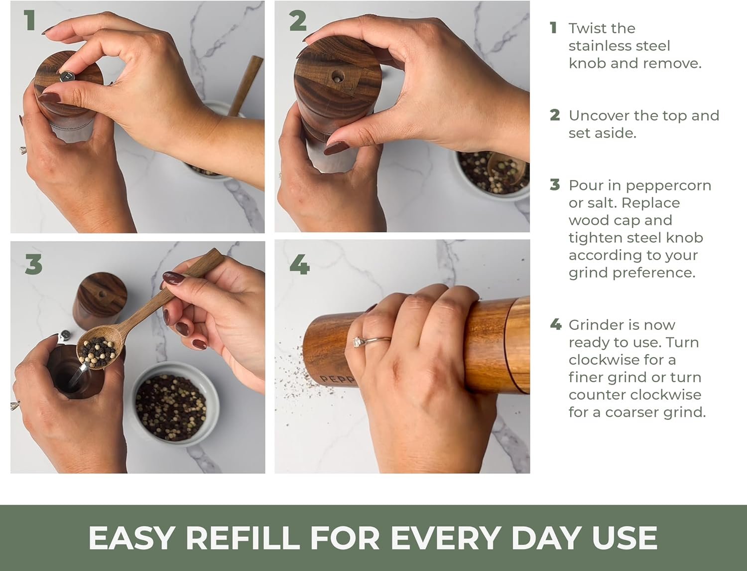 Saffron & Sage Premium Acacia Wood Salt and Pepper Grinder Set of 2-8” Tall Salt and Peppercorn Mill with Adjustable Coarse Settings, Rust Resistant, Smooth and Quality Grinding Mechanism - Image 9