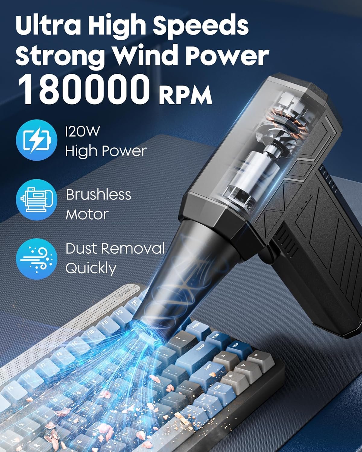 Compressed Air Duster, 180000RPM Electric Air Duster with Brushless Motor, 3 Gear Rechargeable Mini Blower, Keyboard Cleaning kit, Jet Dry Blower for PC, Car, Home Cleaning (Black) - Image 3