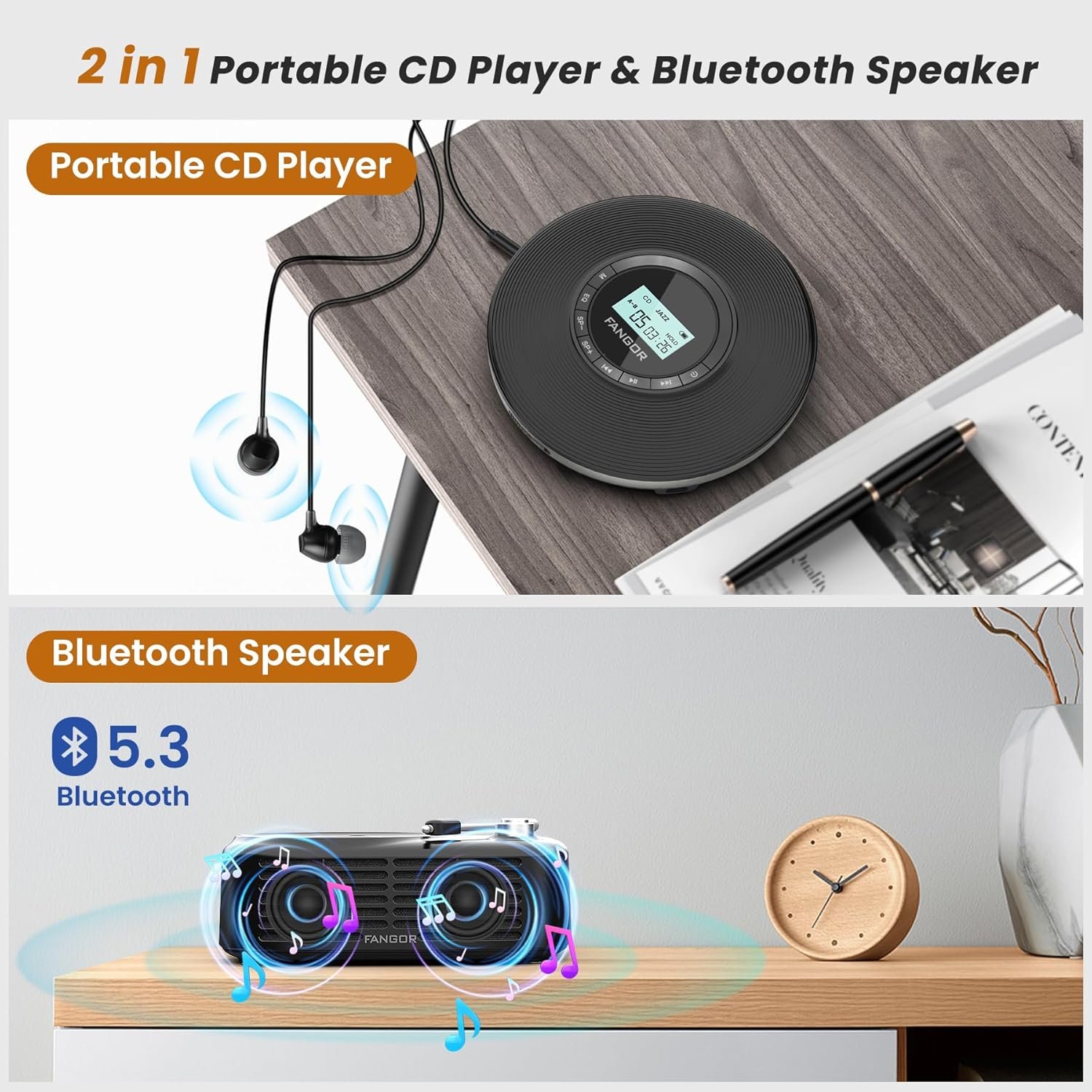FANGOR Portable CD Player with Bluetooth Speaker Base 2 in 1 Home Desktop Audio Boombox Music Player Anti Shock Protection Headphones Jack TF Card - Image 3