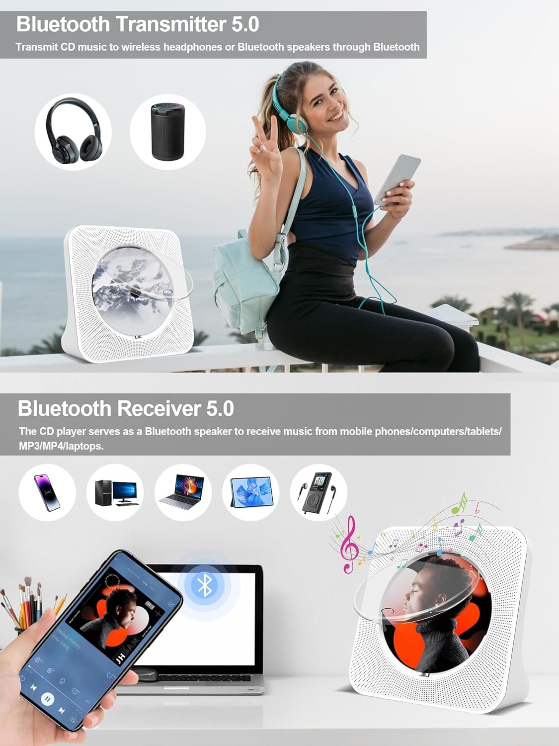 Desktop CD Player Portable with Bluetooth - Jimwey CD Player for Home with HiFi Speakers, FM Radio, Remote Control, LED Screen Display, Support CD/Bluetooth/USB/AUX, White CD Player for Gift - Image 4
