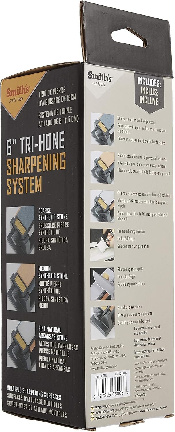 Smith’s TRI6 Arkansas Tri-Hone Stone Sharpening System Grey 6” Fine, Medium, & Coarse Stones 3-Way Honing Nonslip Rubber Feet Restore Tools, Hunting, Kitchen, Fishing & Pocket Knives - Image 8