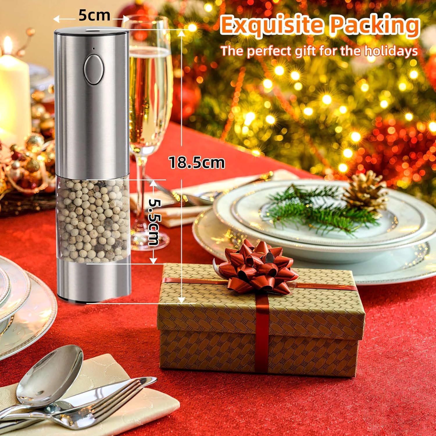 Electric Salt and Pepper Grinder Set, Stainless Steel Automatic Pepper Mill Grinder with 5 Adjustable Coarseness, One Hand Operation with LED light, Rechargeable Pepper Mill Grinder Set - Image 7