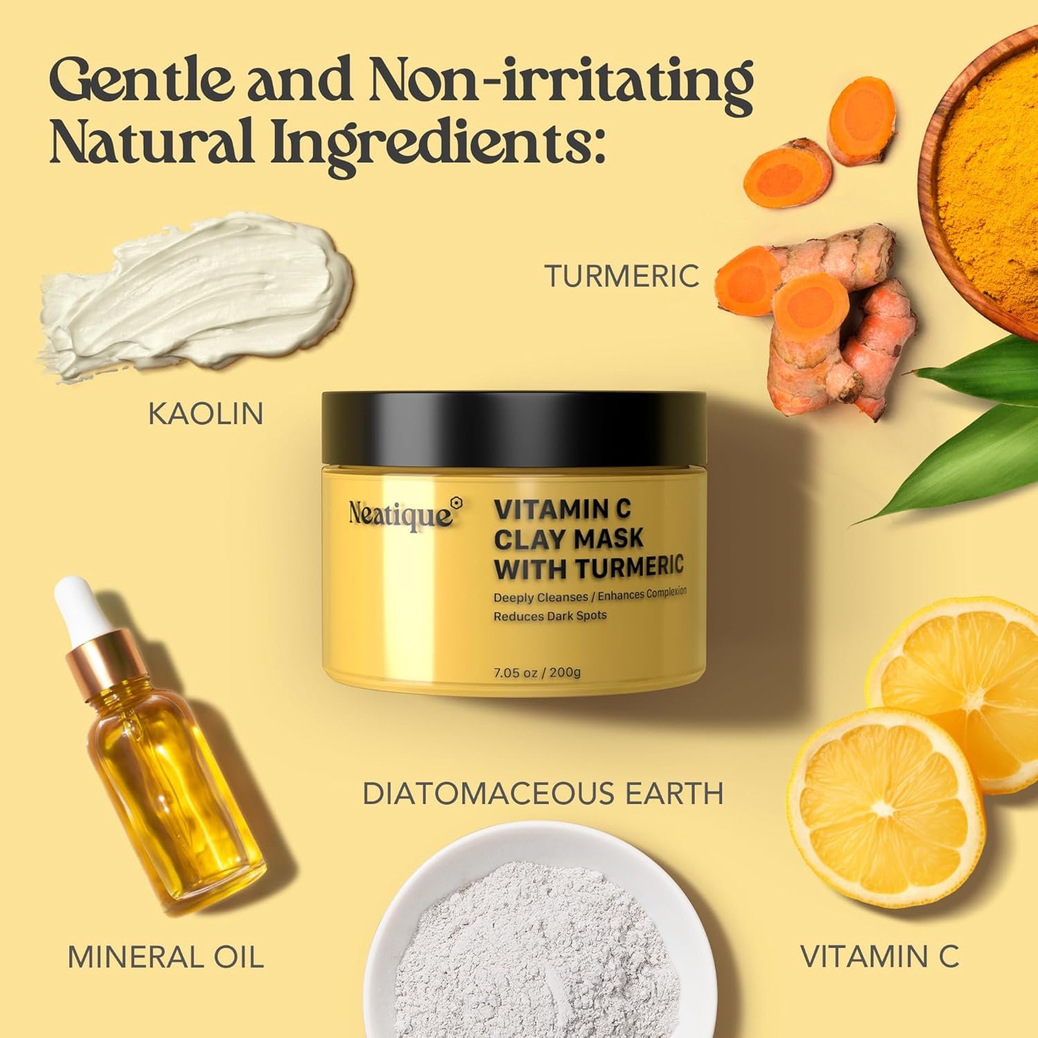 Neatique Vitamin C Clay Mask - 7.05 Oz Turmeric Face Masks Skincare, Deep Cleaning and Detox for Facial Mask- Repairing Uneven Skin Tone, Enhances Complexion and Reducing Dark Spots - Image 4
