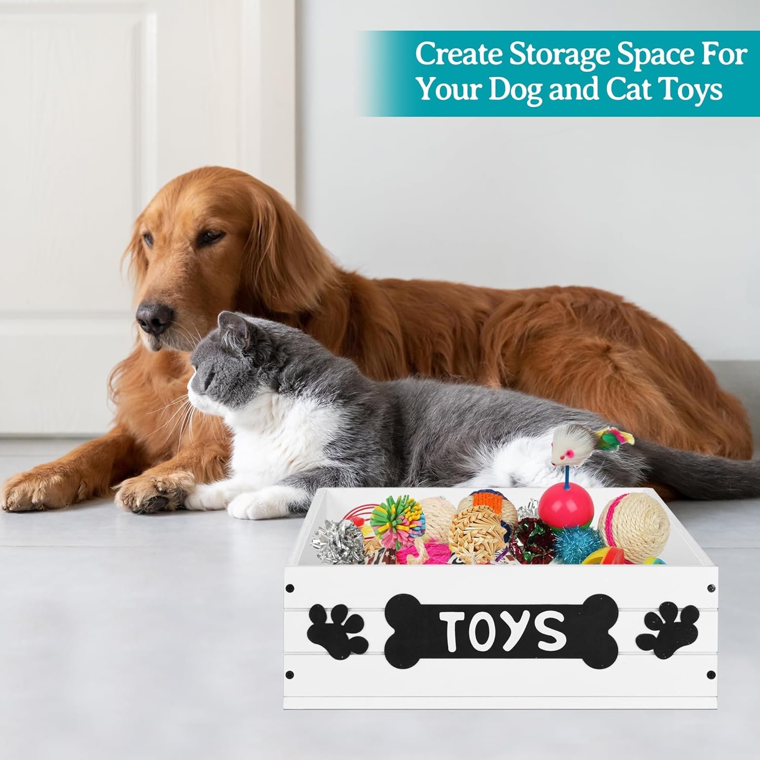 Large Dog Toy Bin for Toy Chest, Wood Dog Toy Basket with Handle, Dog Toy Box for Dog Organization and Storage, Dog Stuff Organizer for Dog Toys, Leash, Food, Accessories, Dog Toy Storage Basket Bin - Image 7
