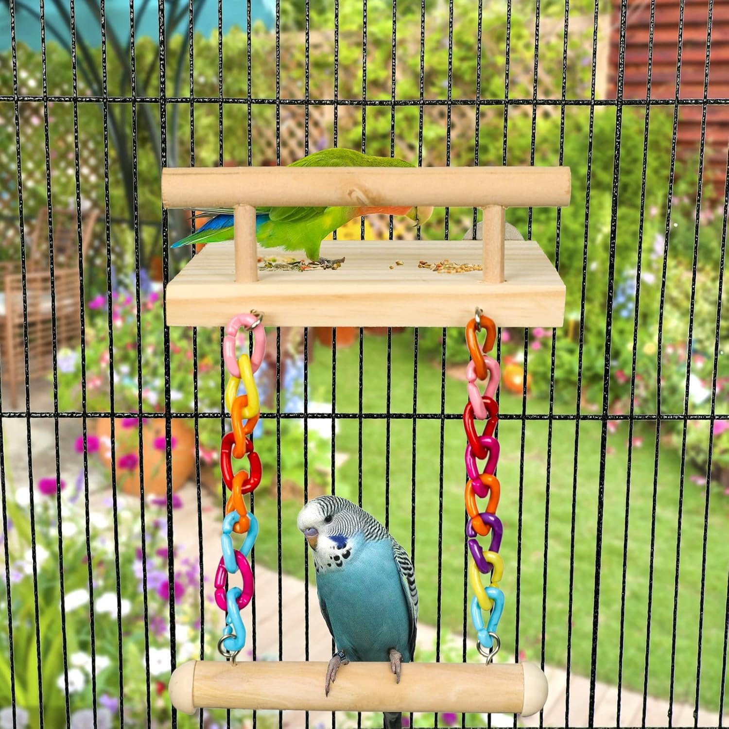 Bird Perches Cage Toys Parrot Wooden Platform Play Gyms Exercise Stands with Acrylic Wood Swing Ferris Wheel Chewing for Animals Green Cheeks, Baby Lovebird, Chinchilla, Hamster Budgie - Image 3