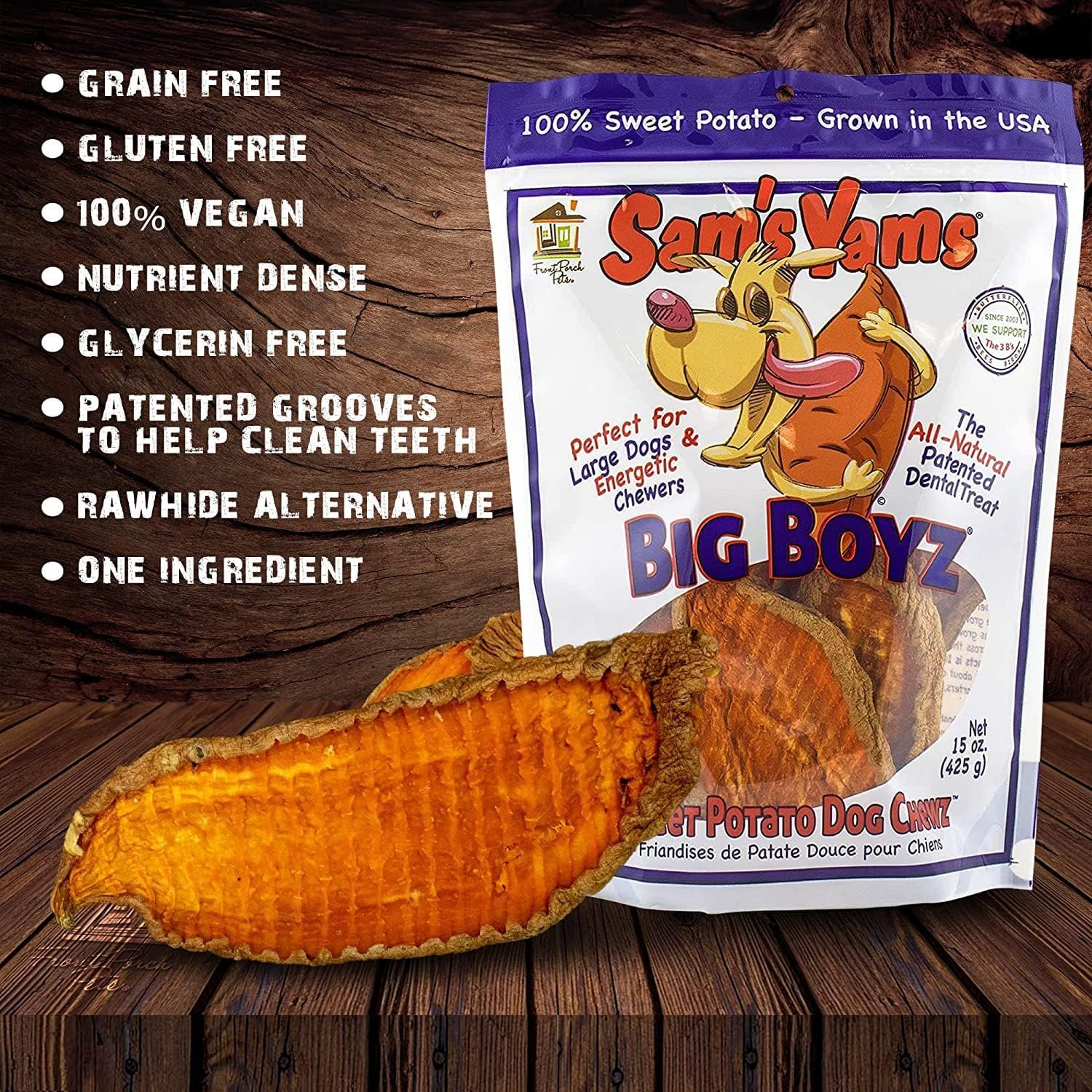 Sams Yams Sweet Potato Dog Treats, Healthy Dog Treats for Large Dogs - Sweet Potato Dog Treats Made in USA, High Fiber, Vegan Dental Chews - Big Boyz, Sweet Potato Dog Chewz, 15oz (Pack of 3) - Image 5