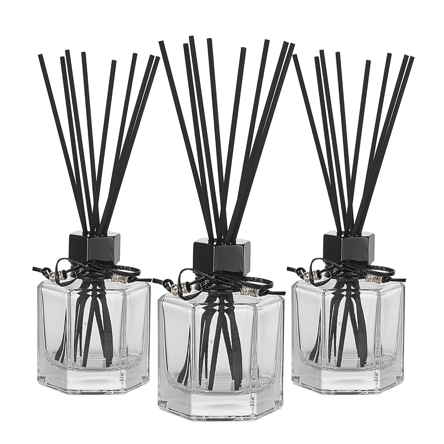 Whole HOUSEWARES | Diffuser with Sticks Set of 3 4oz | Empty Refillable Glass Aromatherapy Diffuser Bottles with Leather Cord and 24pcs Black Fiber Sticks | Reed Diffuser Bottle for Essential Oils - Image 2