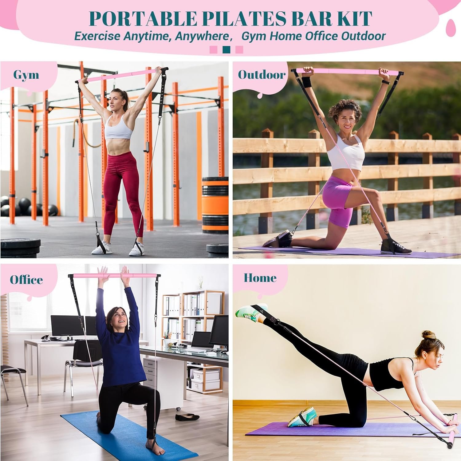 Pilates Bar Kit with Resistance Bands, Multifunctional Yoga Pilates Bar with Heavy-Duty Metal Adjustment Buckle, Portable Home Gym Pilates Resistance Bar Kit for Women Full Body Workouts - Image 8