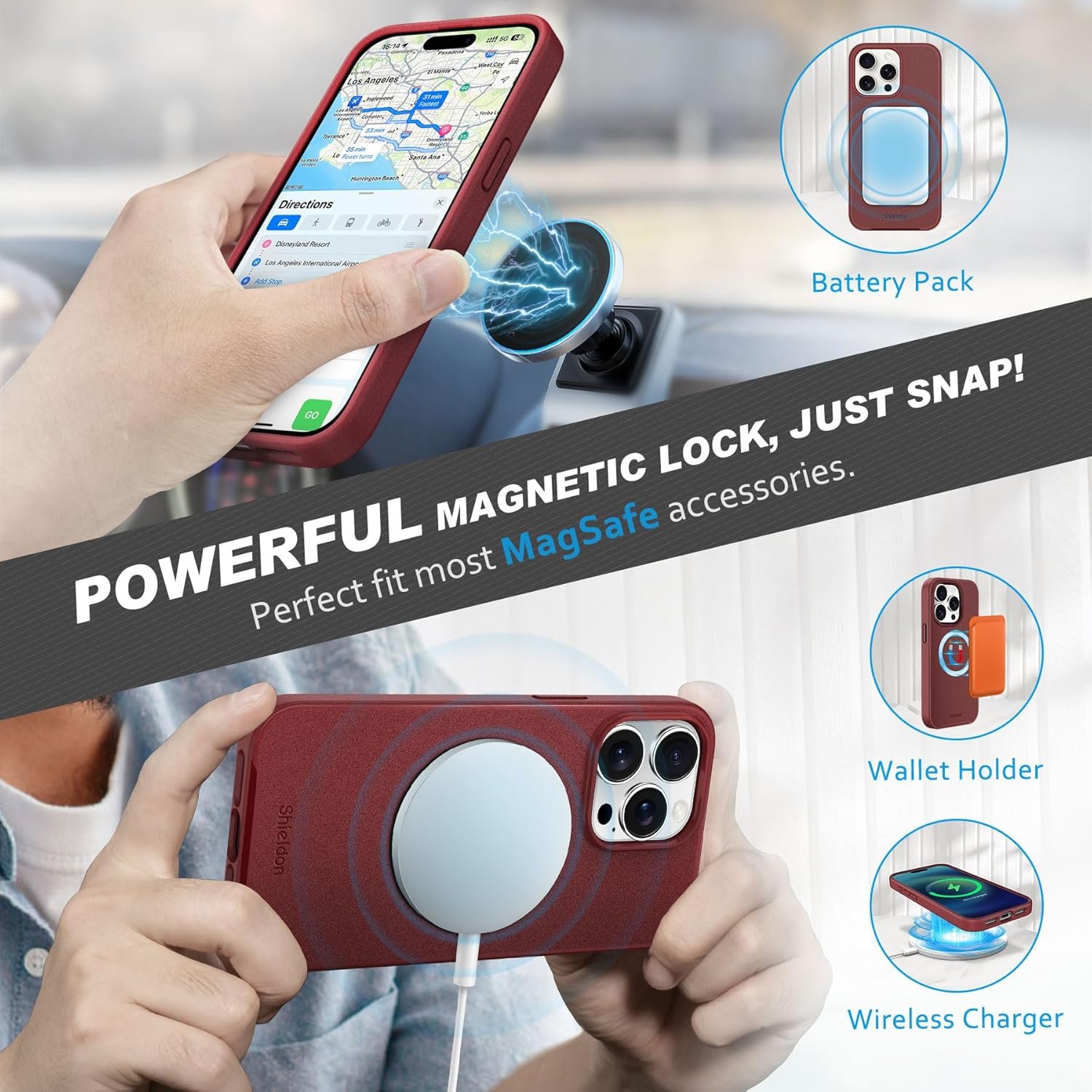 SHIELDON Case for iPhone 15 Pro Max 5G, Genuine Leather Detachable Wallet Kickstand RFID Blocking Card Holder Magnetic Shockproof Wireless Charging Case Compatible with iPhone 15 Pro Max - Wine Red - Image 5