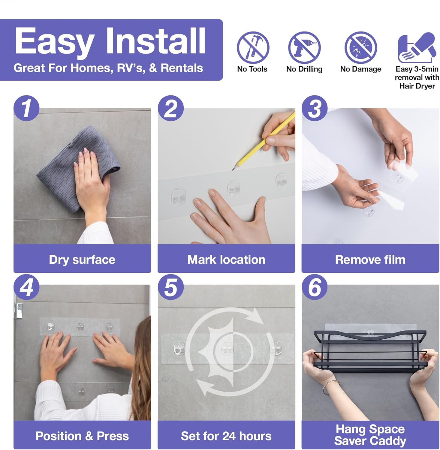 KINCMAX 2-Pack Strong Sticky Waterproof Heavy-Duty Wall Adhesives, Shower Caddy Adhesive Replacement Stickers, No-Trace Wall Adhesives Hook Strip for Shower Caddy, Kitchen Racks, Bathroom Shelf - Image 6