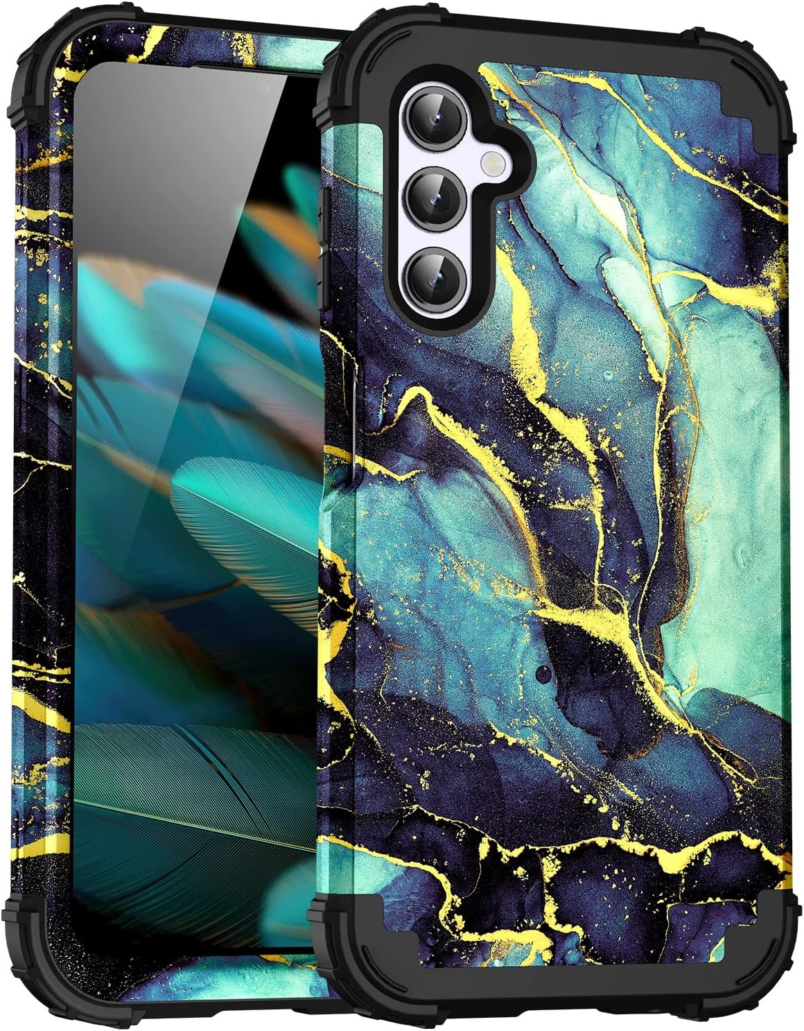 for Galacy A14 5G Case,Marble Design Three Layer Heavy Duty Shockproof Hybrid Hard Plastic Bumper Soft Silicone Rubber Drop Protective Cover Case for Galaxy A14 6.6",(Blue-Green) - Image 2