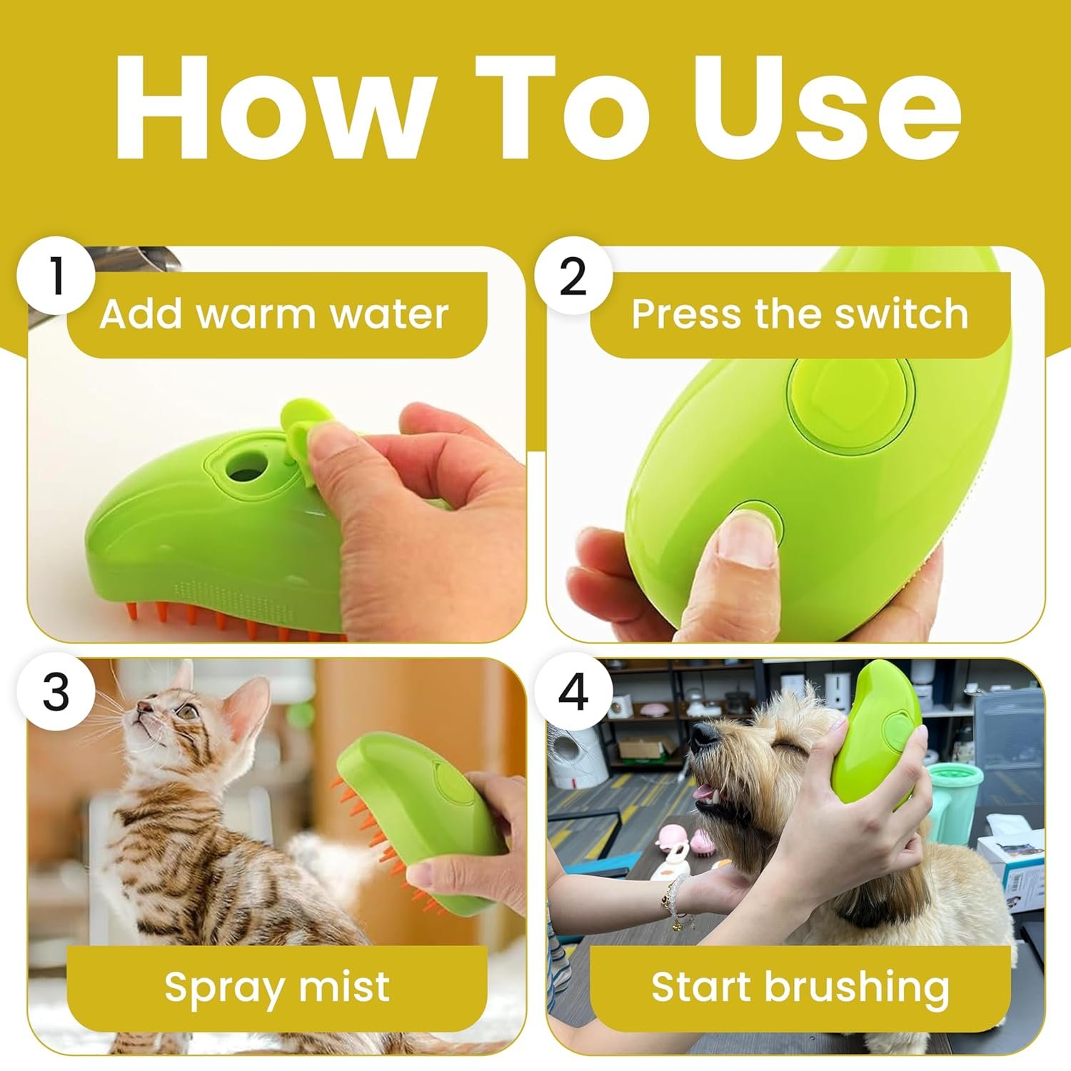 Steamy Cat Brush for Massage | 3 in 1 Silicone Spray Pet Bath Brush Cleanser- Hair Cleaning Brush Comb for Dogs Cats, Steaming Cat Brush for Grooming, Hair Removal Comb Brush for Pets (Green) - Image 9