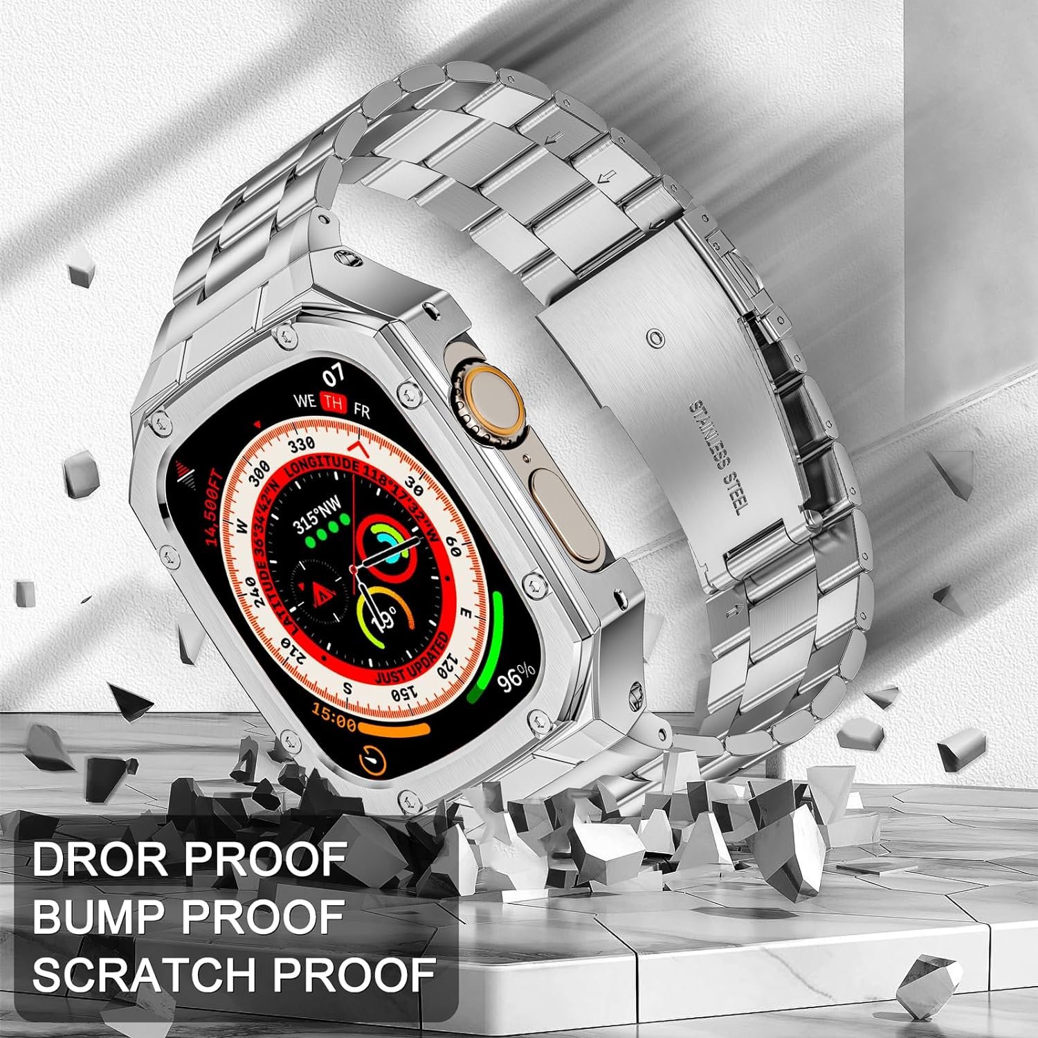 Stainless Steel Watch Band with Case Compatible with Apple Watch Ultra 2 1 band (49mm), Rugged Strap with Metal Protective Bumper Cover for iWatch Bands Men (Silver) - Image 3