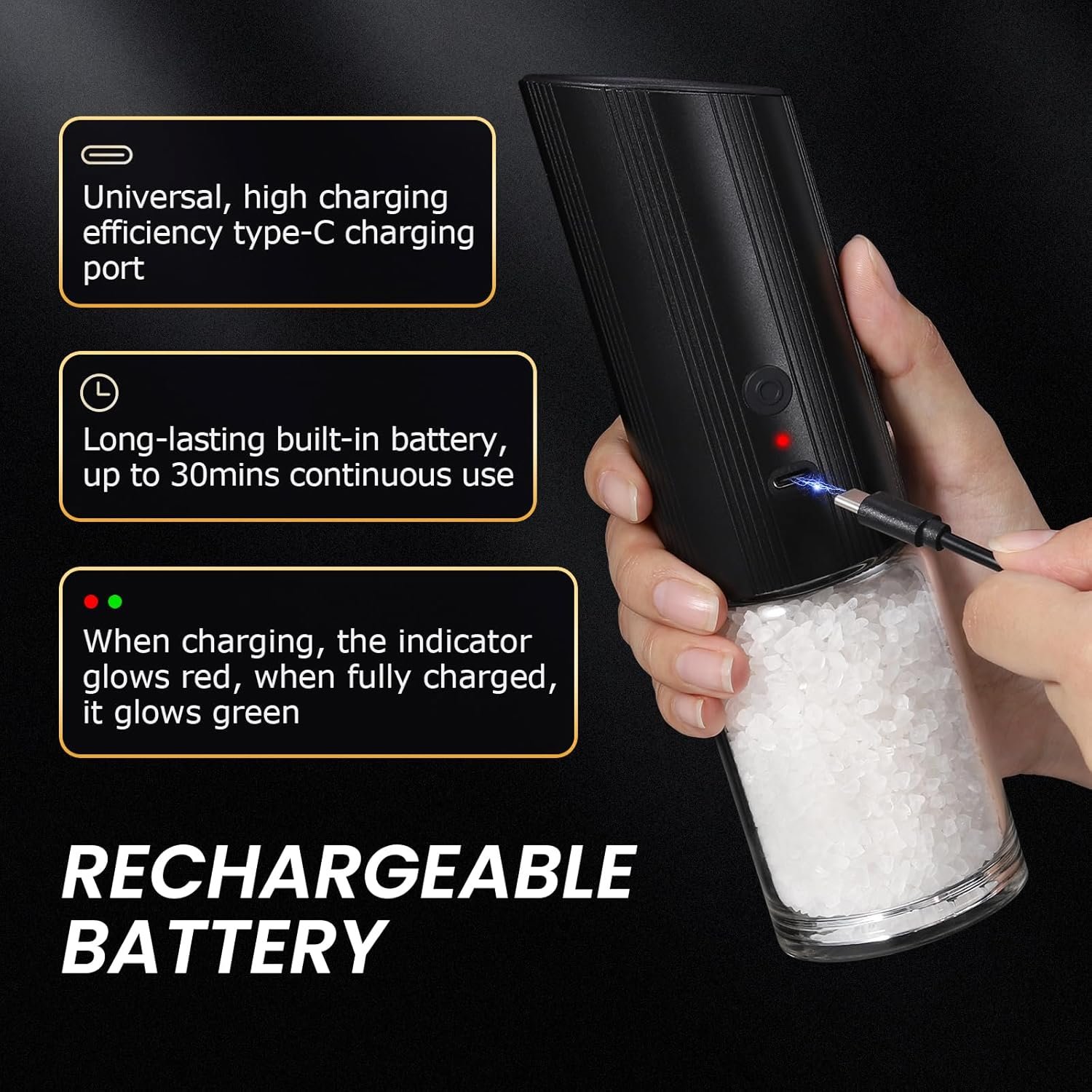 VEVOK CHEF Electric Salt and Pepper Grinder Set Black Type-c Rechargeable Pepper Grinder with LED light One Handed Operation Pepper Mill Adjustable Coarseness - Image 5