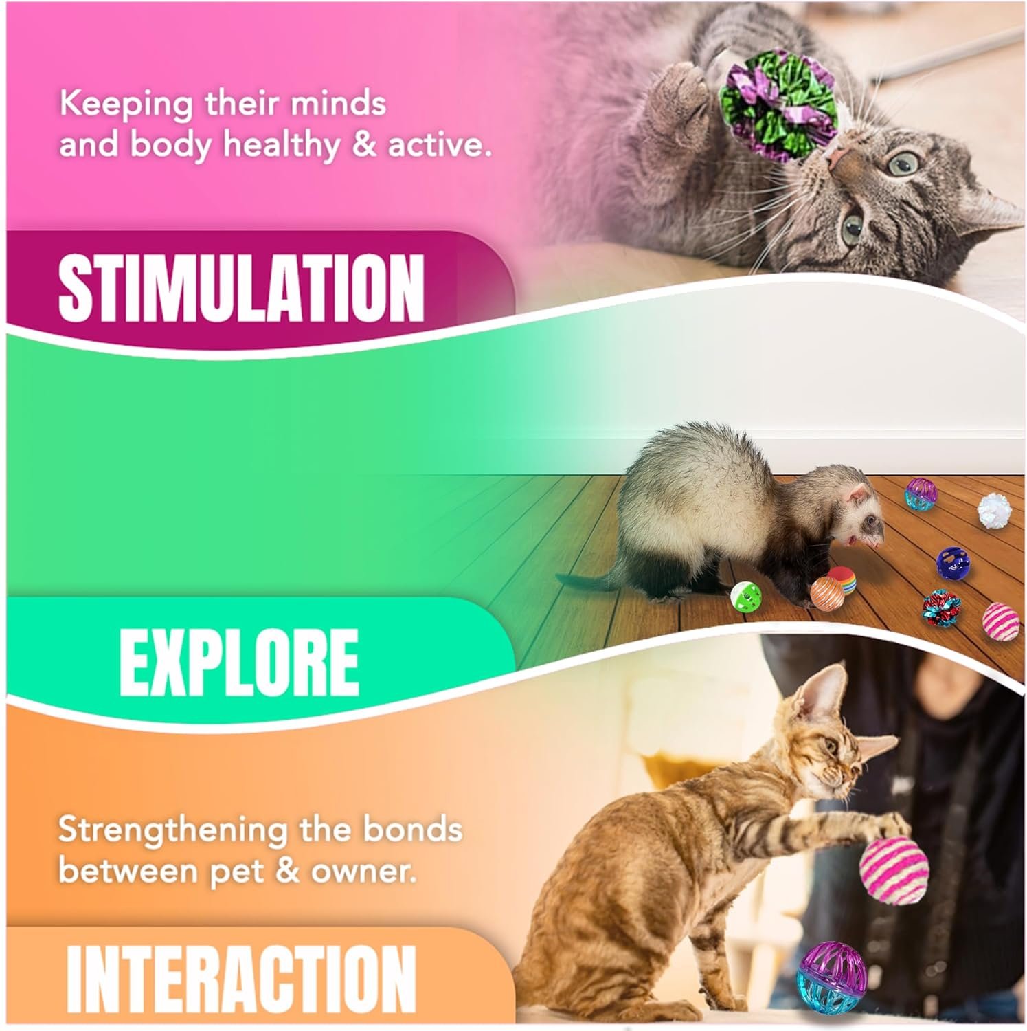 SunGrow Mix Balls for Ferrets, Multi-Sensory Fun Activity Set, Mind and Body Exercise, Teeth Care, Pet Enrichment, Assorted Foam, Jingle, Crinkle, Sisal, Coil, Pompom Balls, 30 Pcs - Image 4