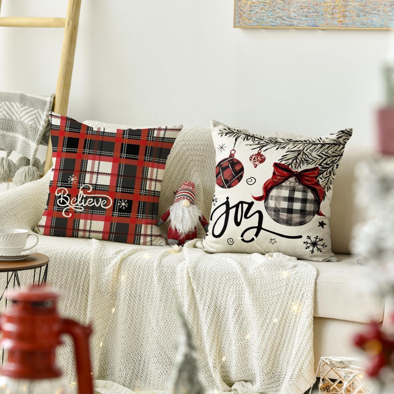 AVOIN colorlife Winter Snowman Joy Snowflake Christmas Throw Pillow Covers, 12 x 20 Inch Red Xmas Tree Winter Holiday Buffalo Plaid Cushion Case Decoration for Sofa Couch Set of 4 - Image 3