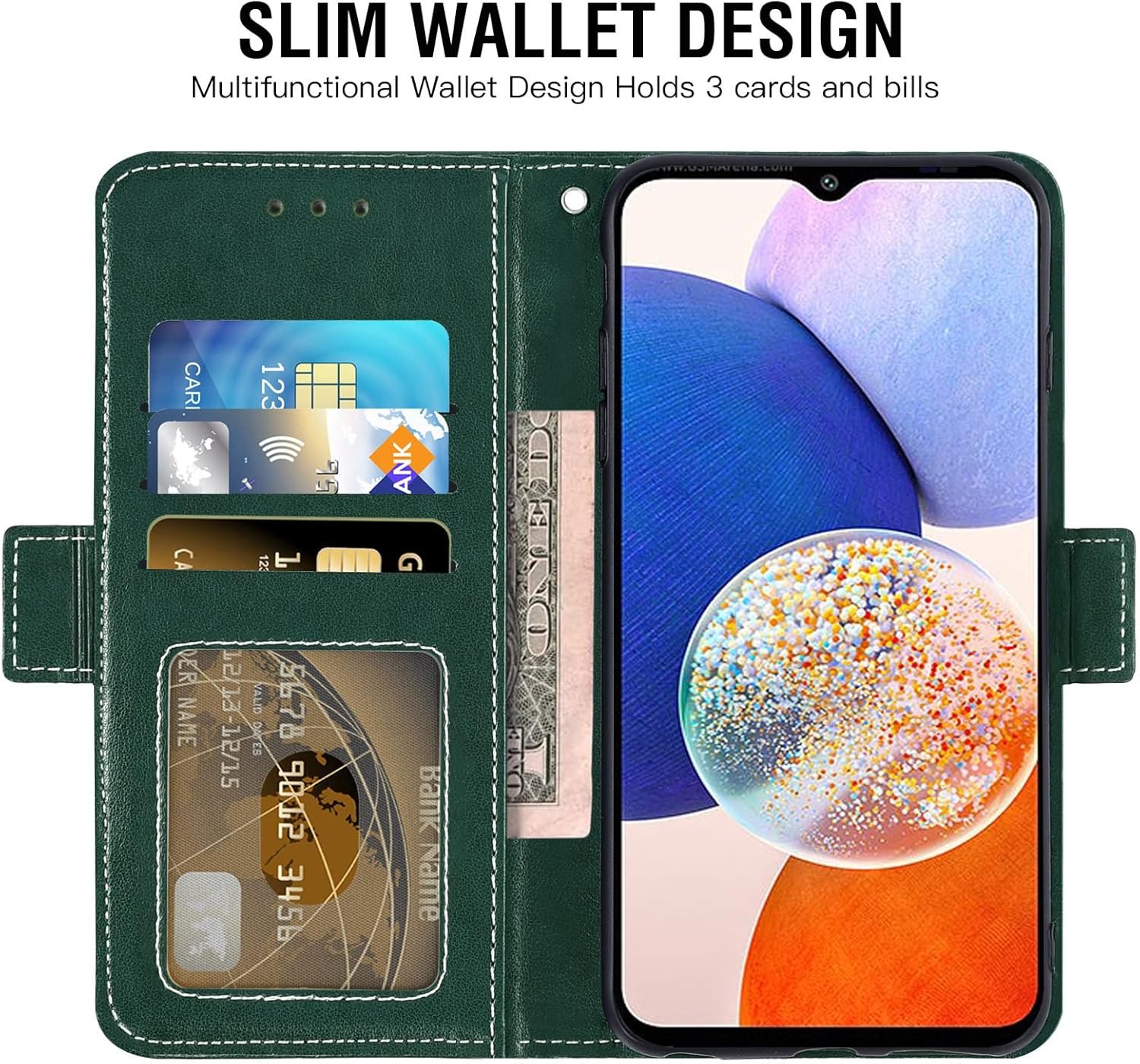Asuwish Phone Case for Samsung Galaxy A14 5G Wallet Cover with Tempered Glass Screen Protector and Leather Flip Credit Card Holder Stand Flower TPU Cell Accessories A 14 4G 14A G5 Women Men Dark Green - Image 3