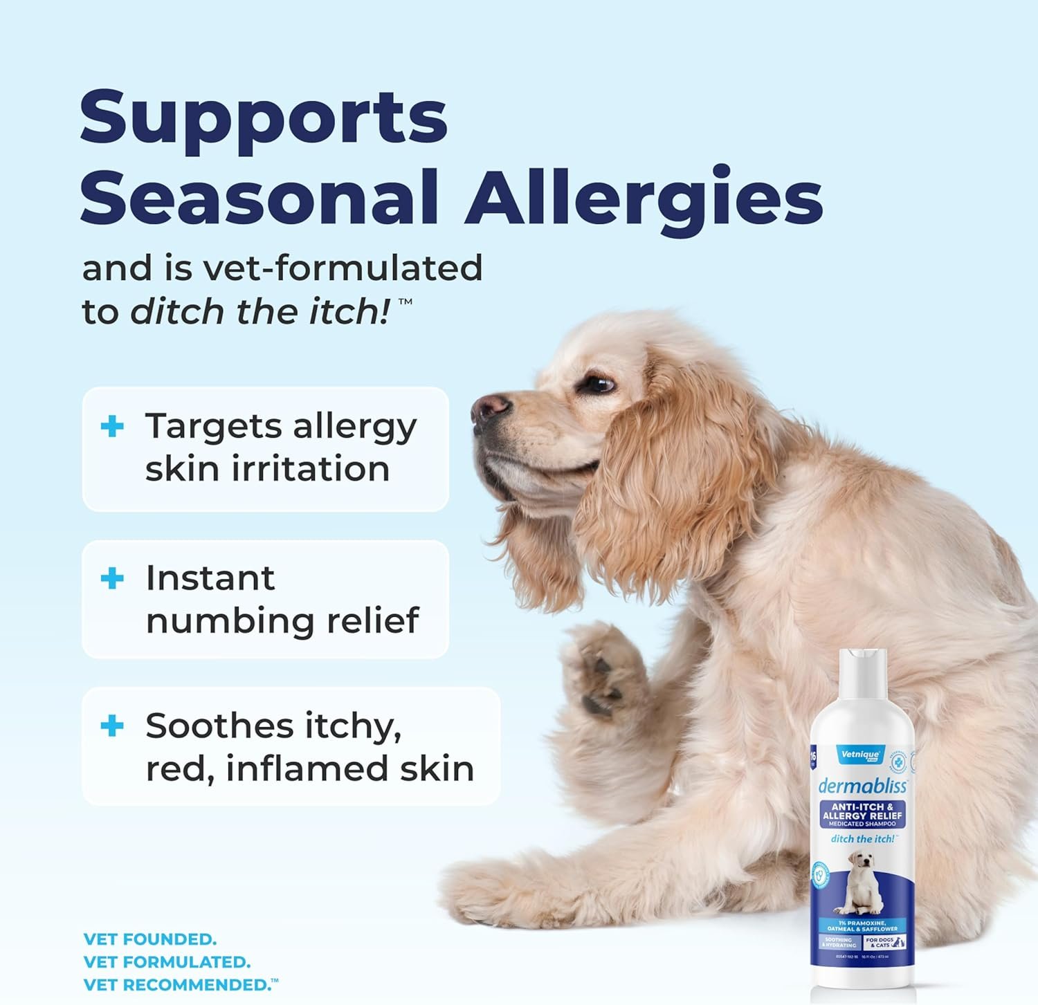Vetnique Labs Dermabliss Dog Allergy and Itch Relief, Skin and Coat Health Supplements and Grooming Supplies with Omega 3-6-9, Biotin - Ditch The Itch (Itch Relief, 16oz Shampoo) - Image 6