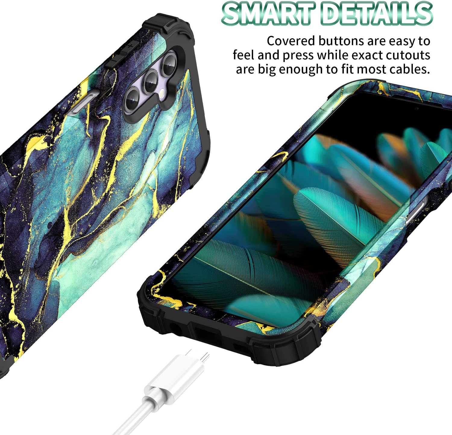 for Galacy A14 5G Case,Marble Design Three Layer Heavy Duty Shockproof Hybrid Hard Plastic Bumper Soft Silicone Rubber Drop Protective Cover Case for Galaxy A14 6.6",(Blue-Green) - Image 4