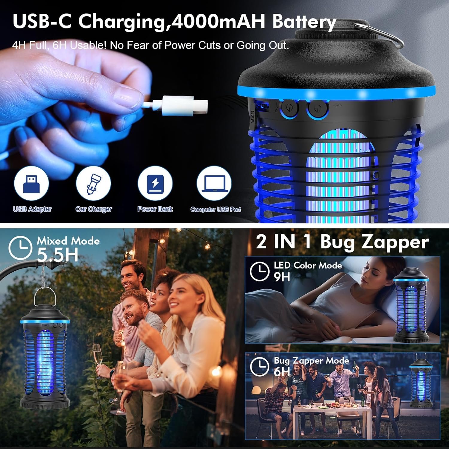 Rechargeable Bug Zapper Outdoor & Indoor, Mosquito Zapper, Fruit Fly Trap, Gnat Moths Catcher, 4200V Grid, USB Charging, 4000mAh Battery, Fit for Home, Kitchen, Backyard, Camping, Patio, Black - Image 5
