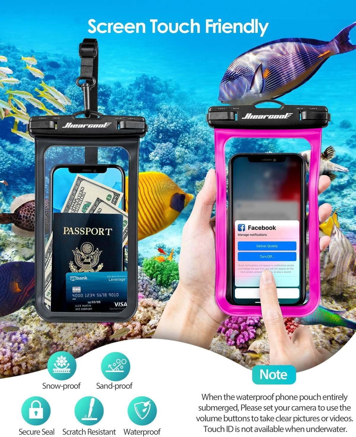 Hiearcool Waterproof Phone Pouch,Underwater Phone Cases Compatible for iPhone 16 15 14 13 Pro Max,Waterproof Dry Bag for Cruise Travel Essentials Phone Water Protector Pouch-Black&Bright Red-2Pack - Image 7