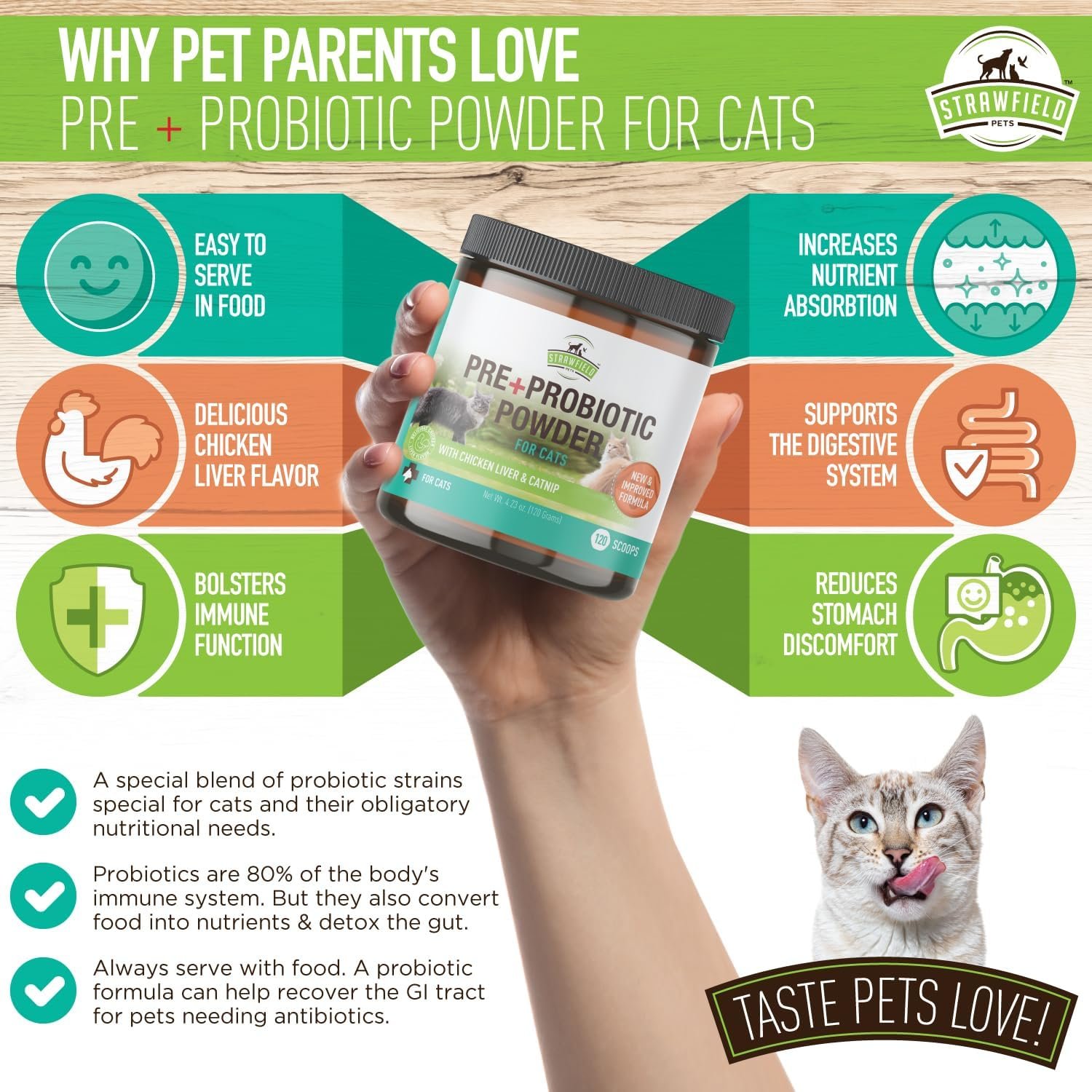 Strawfield Pets' Pre + Probiotic Powder for Cats with Catnip Probiotic for Cats Diarrhea Relief Supplement Natural Chicken Liver Flavor 120 Grams / 120 Scoops - Image 4