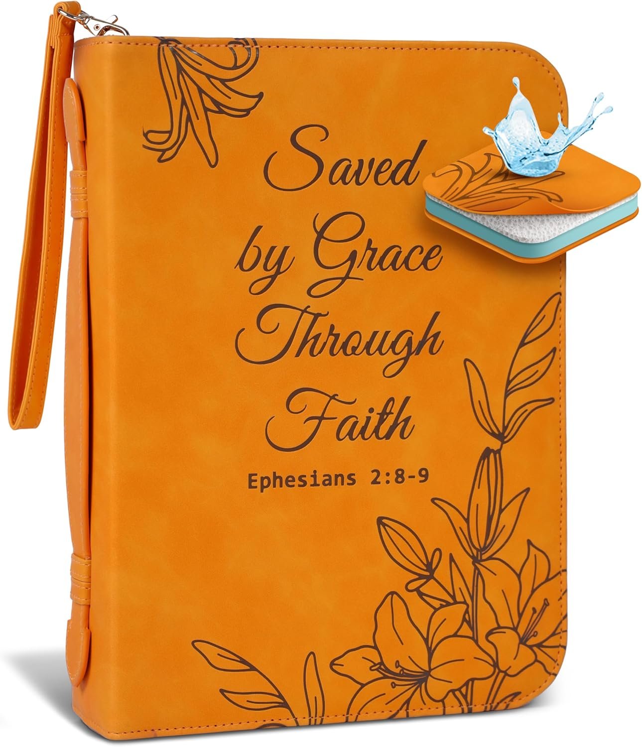 Large Bible Cover Case for Women (11"x8"x2.5") PU Leather Bible Cover for Girl w/Wristlet Strap, Bible Cover for Women w/Engraved Floral Lily Design, Waterproof Bible Case for Women (Orange) - Image 2