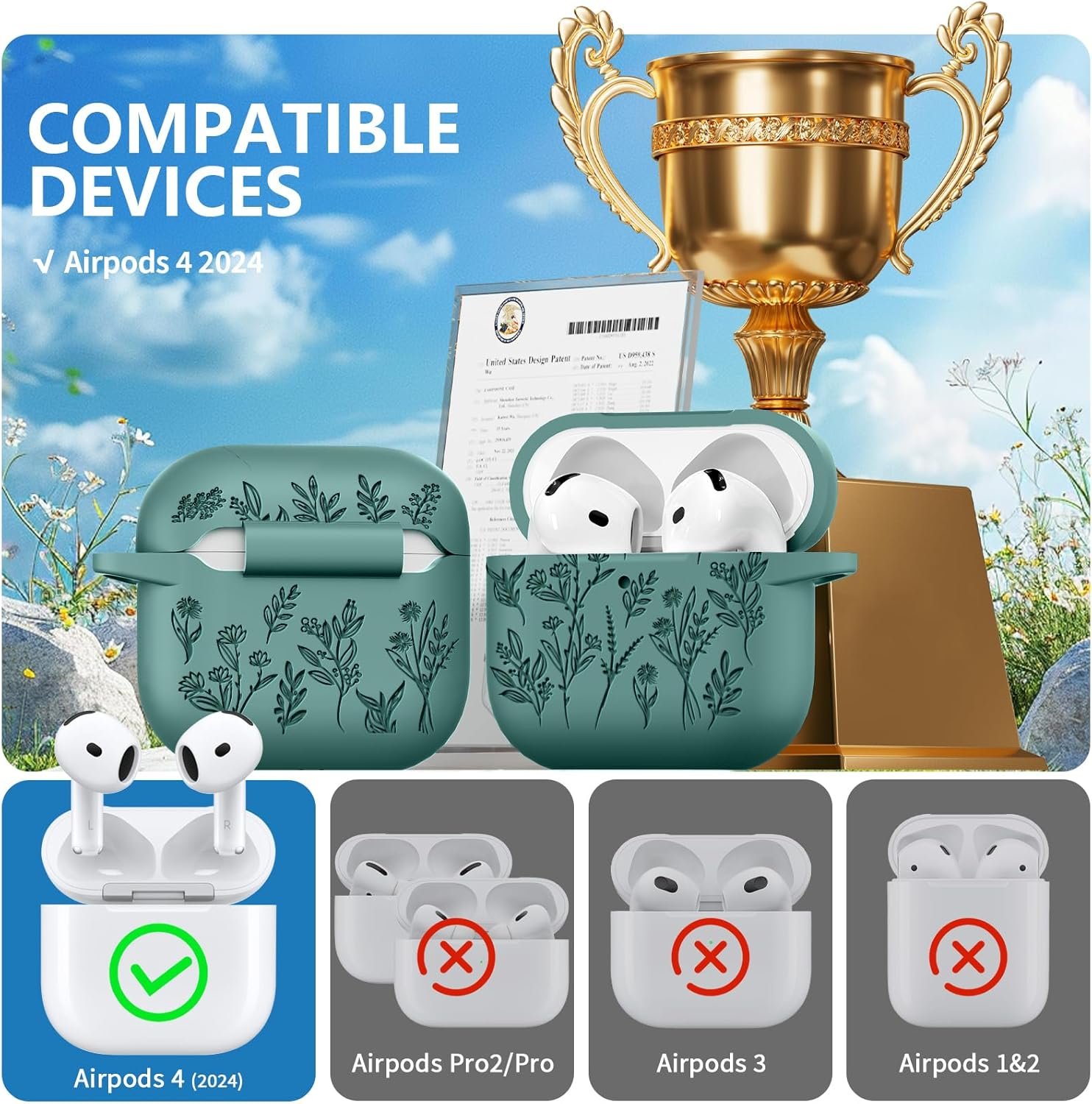 for Airpods 4 Case, Ekoonpft Flower Engraved Case for Apple AirPods 4th Generation 2024, Soft Silicone Case Cover for Women Girly with 3-in-1 Cleaner Kit, Keychain, Military Grade Protection - Image 3