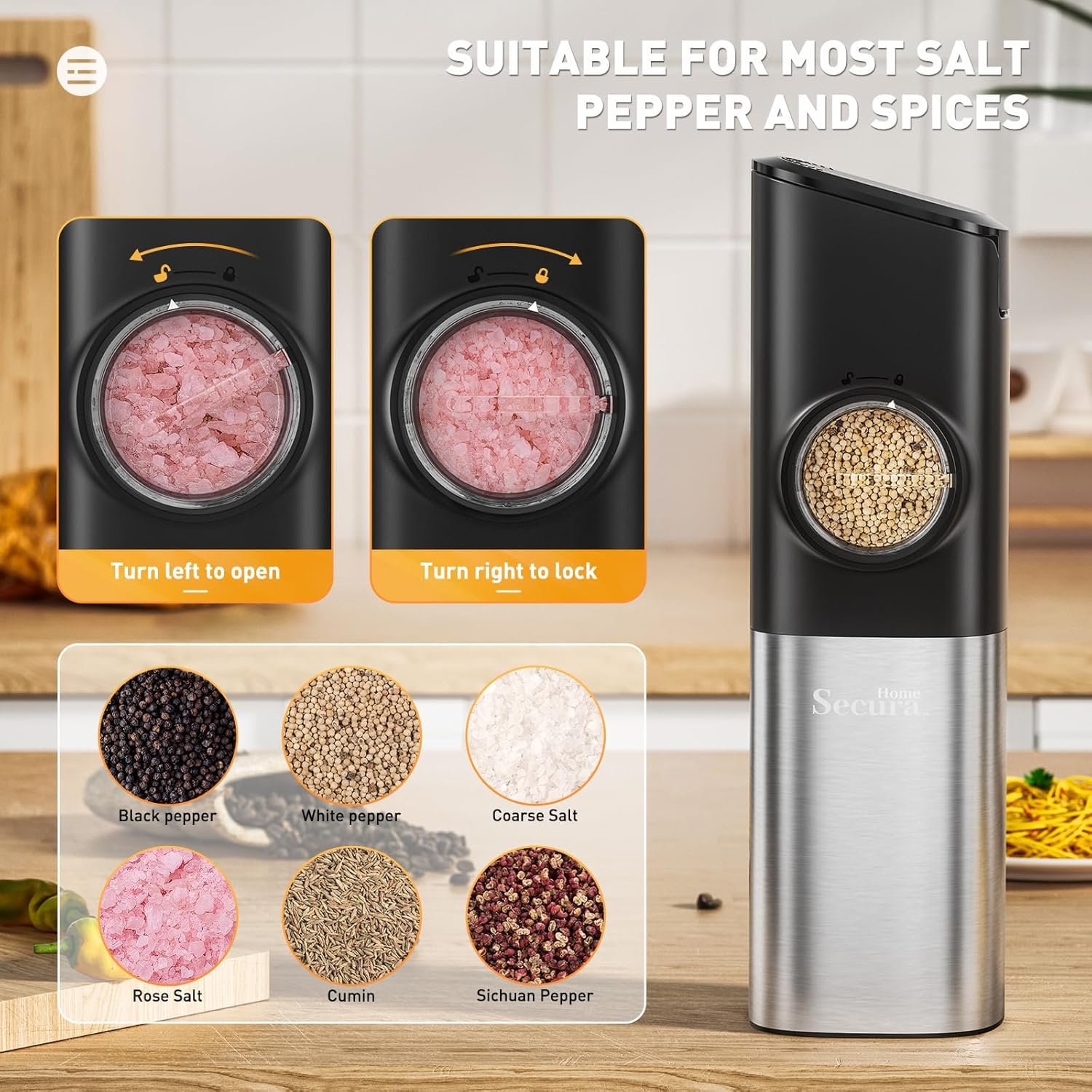 Secura Electric Salt and Pepper Grinder Set Gravity Automatic Pepper Mill Grinder with LED Light Salt Grinder Rechargeable One Hand Operated Salt and Pepper Grinder, 2 PCS - Image 8