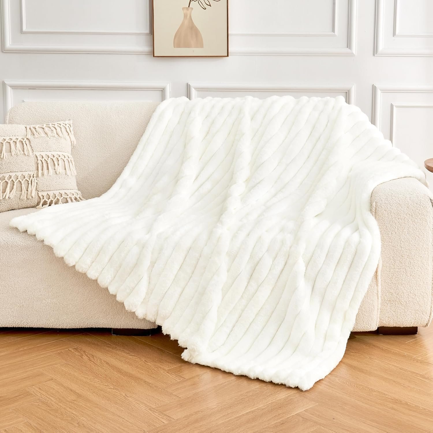 Andency White Throw Blanket for Couch, Super Soft Cozy Warm Fluffy Plush Blankets for Bed Sofa Living Room, Cute Faux Fur Lightweight Blanket for Women Grils, Off White, 50x60 inches - Image 4