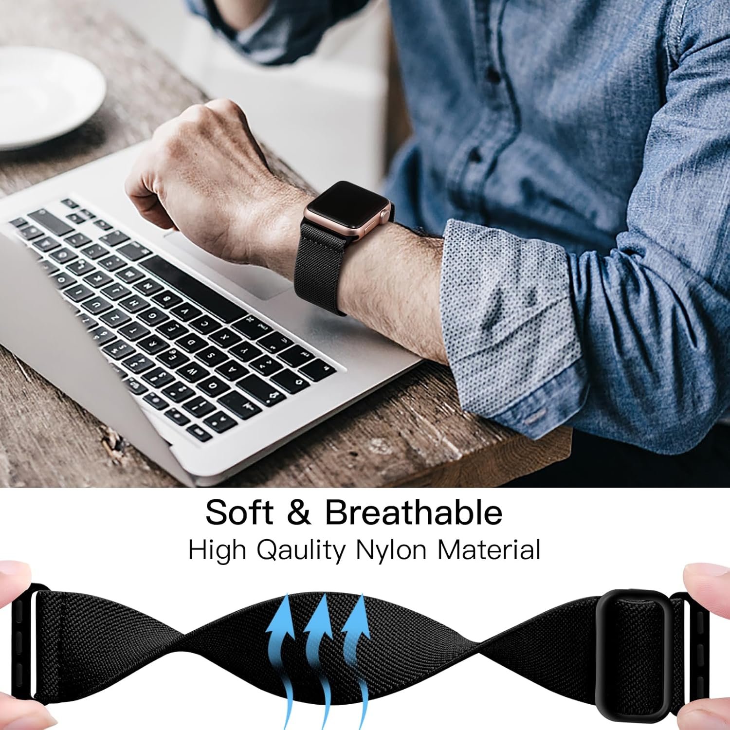 Lerobo Braided Band Compatible with Apple Watch Series 10 9 8 7 46mm 45mm 41mm Ultra 2 49mm Series 6 5 SE 44mm 40mm Series 4 3 2 1 38mm 42mm Men iWatch Bands Women Stretchy Nylon Solo Loop Sport Strap - Image 5