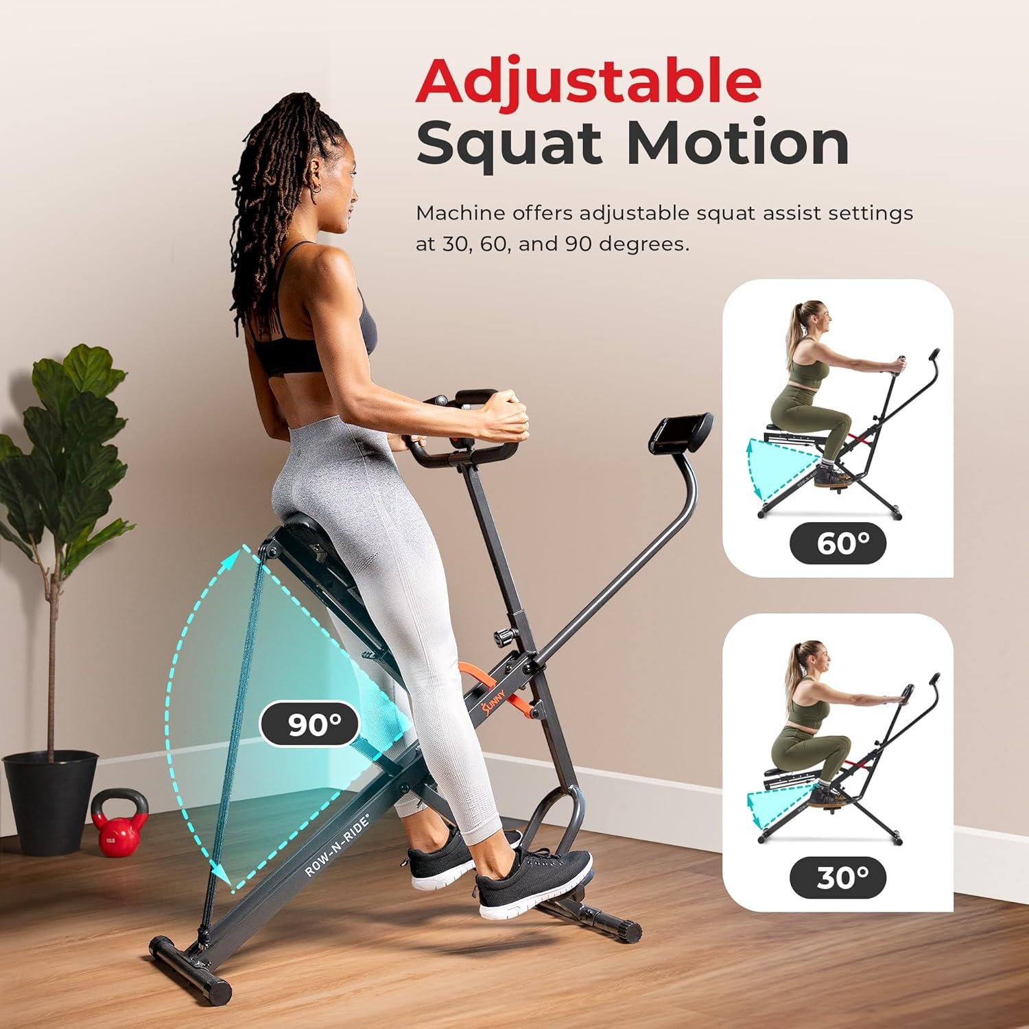 Sunny Health & Fitness Row-N-Ride Squat Assist Trainer for Glutes Workout With Adjustable Resistance, Easy Setup & Foldable Exercise Equipment, Glute & Leg Exercise Machine - Image 4