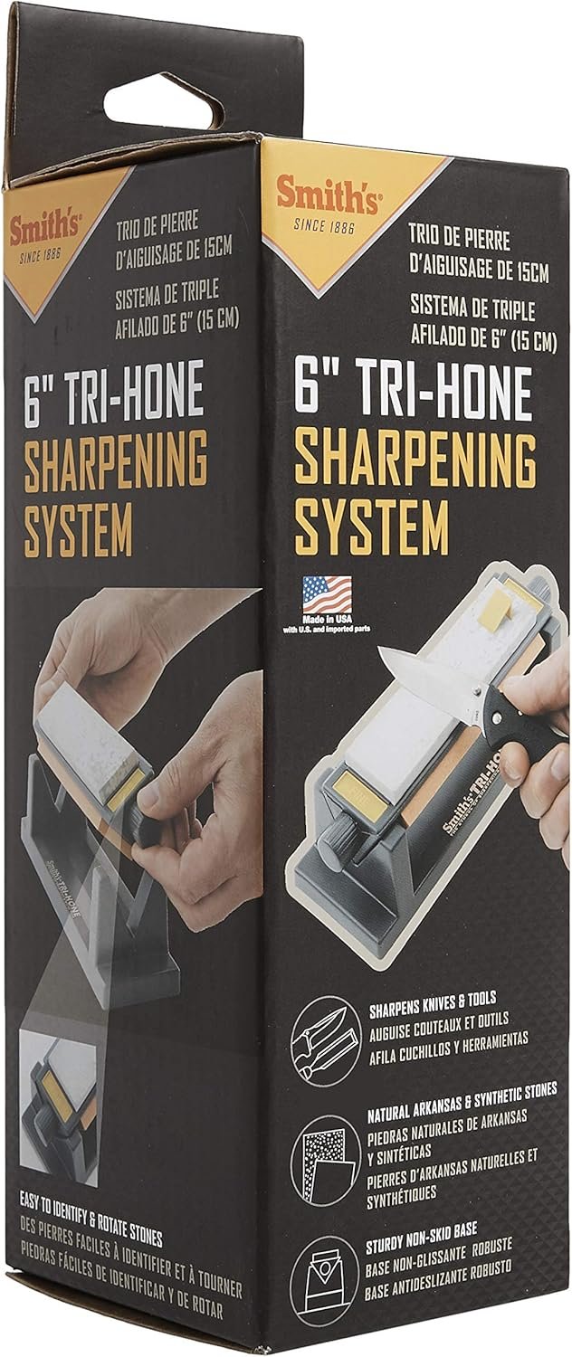Smith’s TRI6 Arkansas Tri-Hone Stone Sharpening System Grey 6” Fine, Medium, & Coarse Stones 3-Way Honing Nonslip Rubber Feet Restore Tools, Hunting, Kitchen, Fishing & Pocket Knives - Image 7