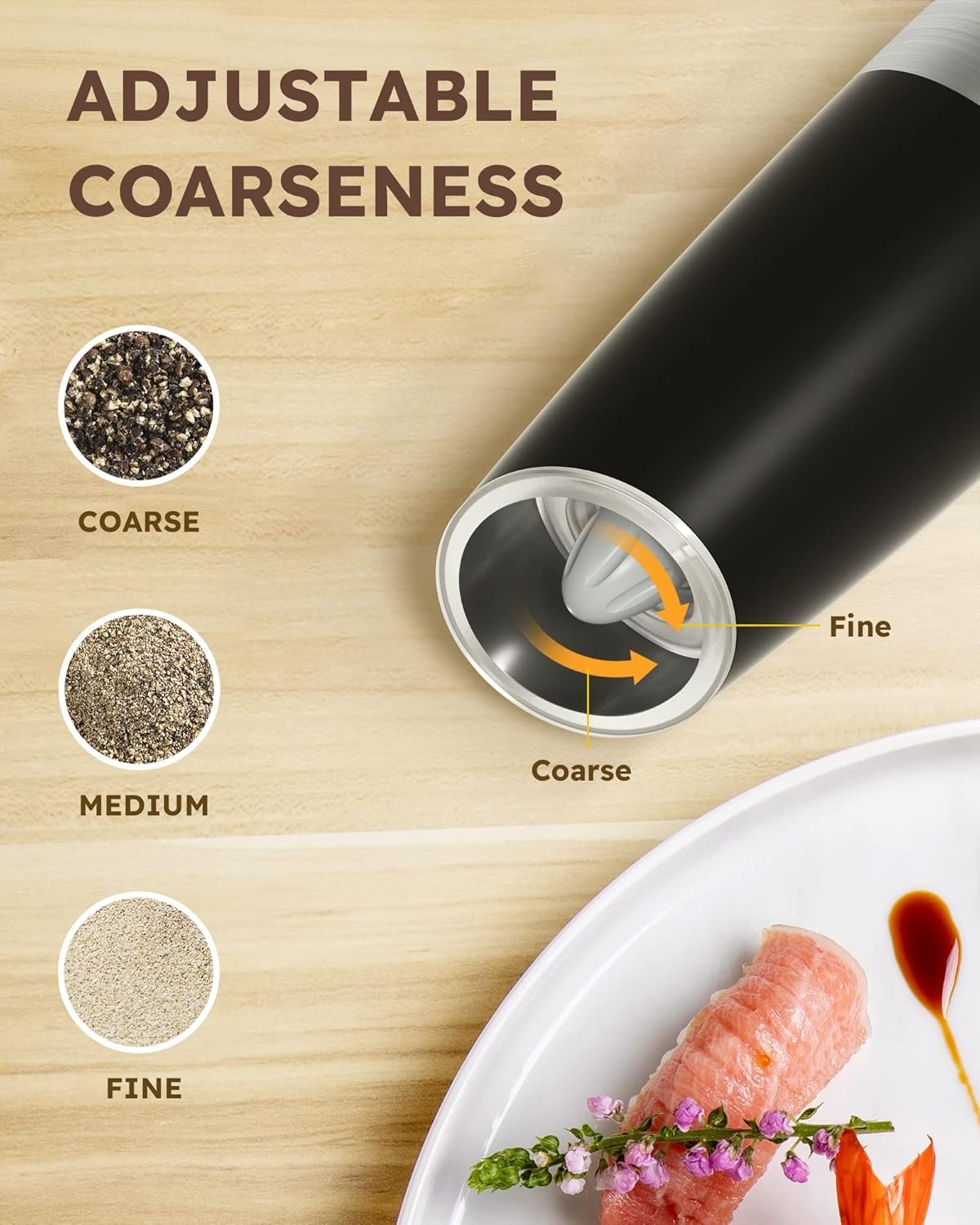 Sangcon Gravity Electric Salt and Pepper Grinder Set Automatic Shakers Mill Grinder with LED Light, Battery Powered Adjustable Coarseness One Hand Operation, Upgraded Larger Capacity - Image 4