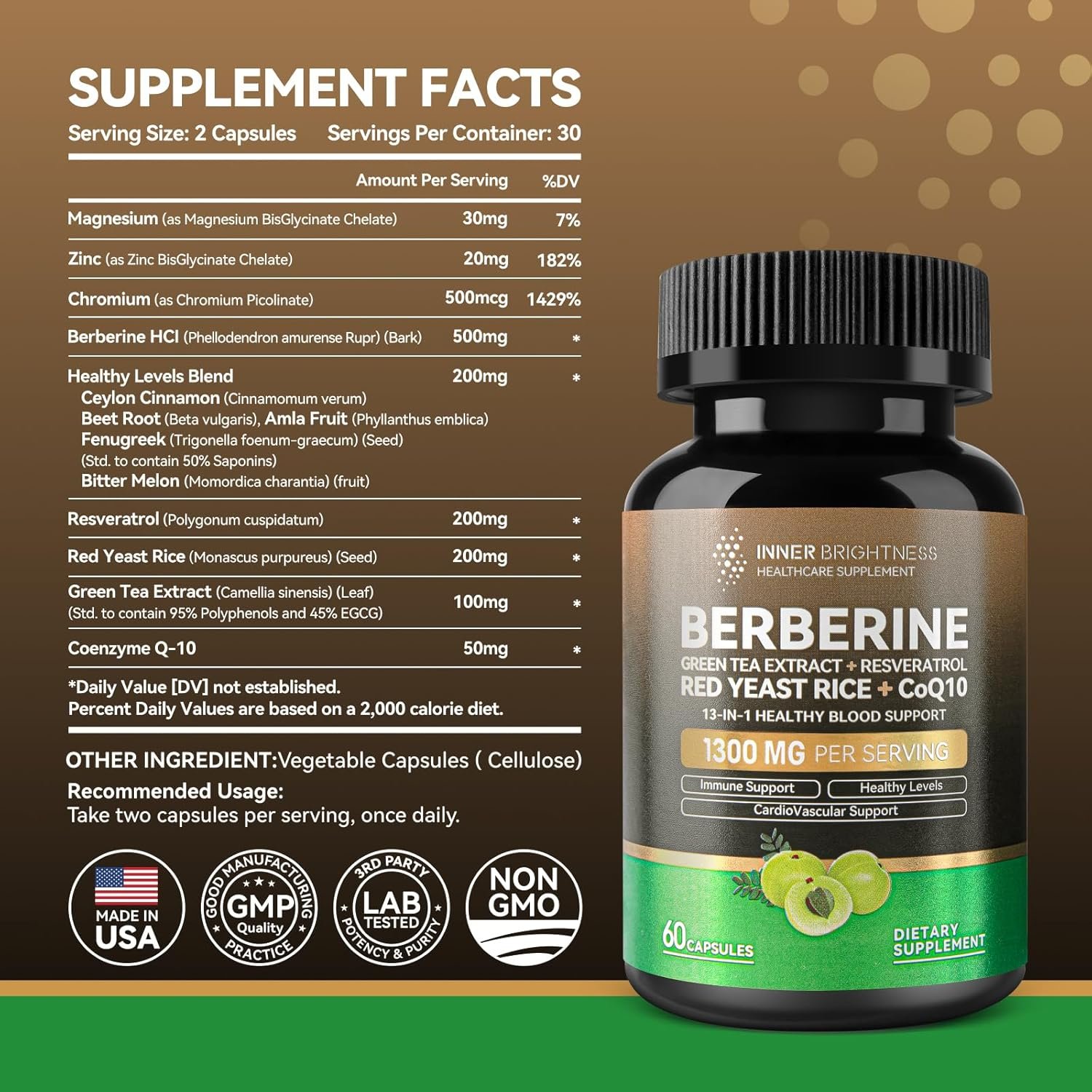 Berberine 1300mg with Green Tea Extract, Resveratrol, Red Yeast Rice & CoQ10 – 13-in-1 Immune Health, Natural Metabolic Support – 60 Capsules – Non-GMO, Lab Tested - Image 10