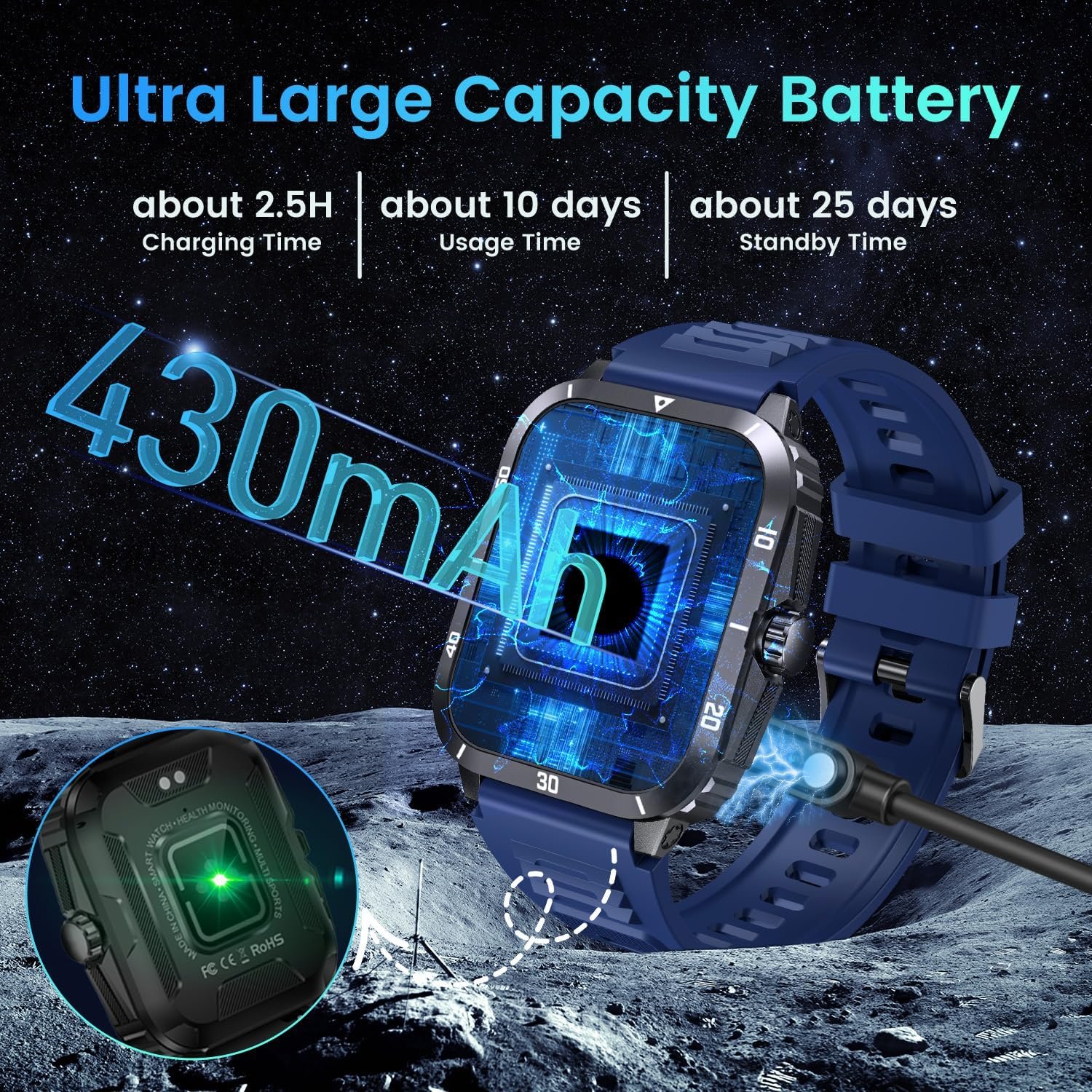 Smartwatch for Men Fitness Smart Watch: 2.0 inch Blue Watch with Bluetooth Call Answer - Android iOS Compatible Military 3ATM Waterproof 100+ Sports Digital Activity Tracker Heart Rate Sleep Monitor - Image 7