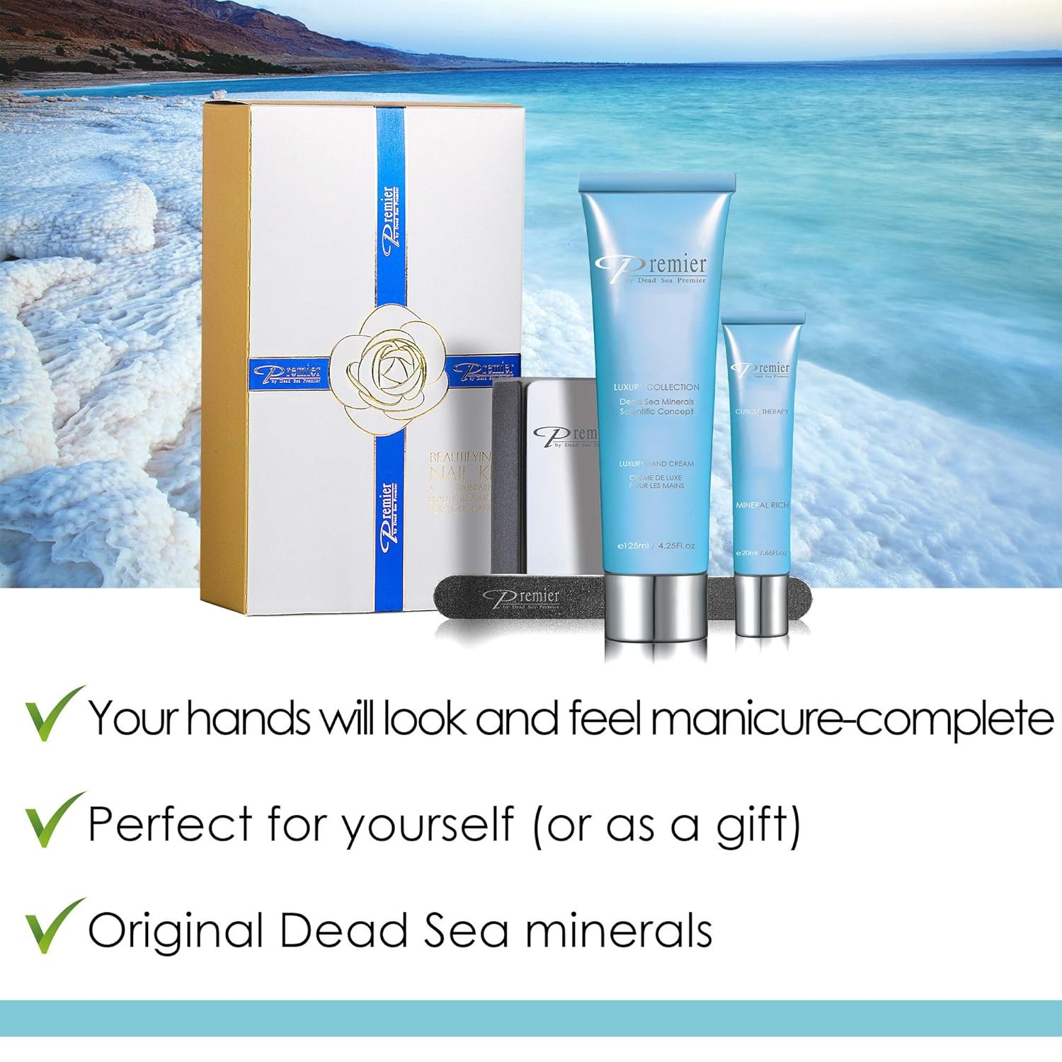 Dead Sea Premier Beautifying Nail Kit Milk and Honey - Salon Quality Manicure, hand & Body Lotion, Cuticle Oil, Nail File, 3 step Buffing Block - Image 3