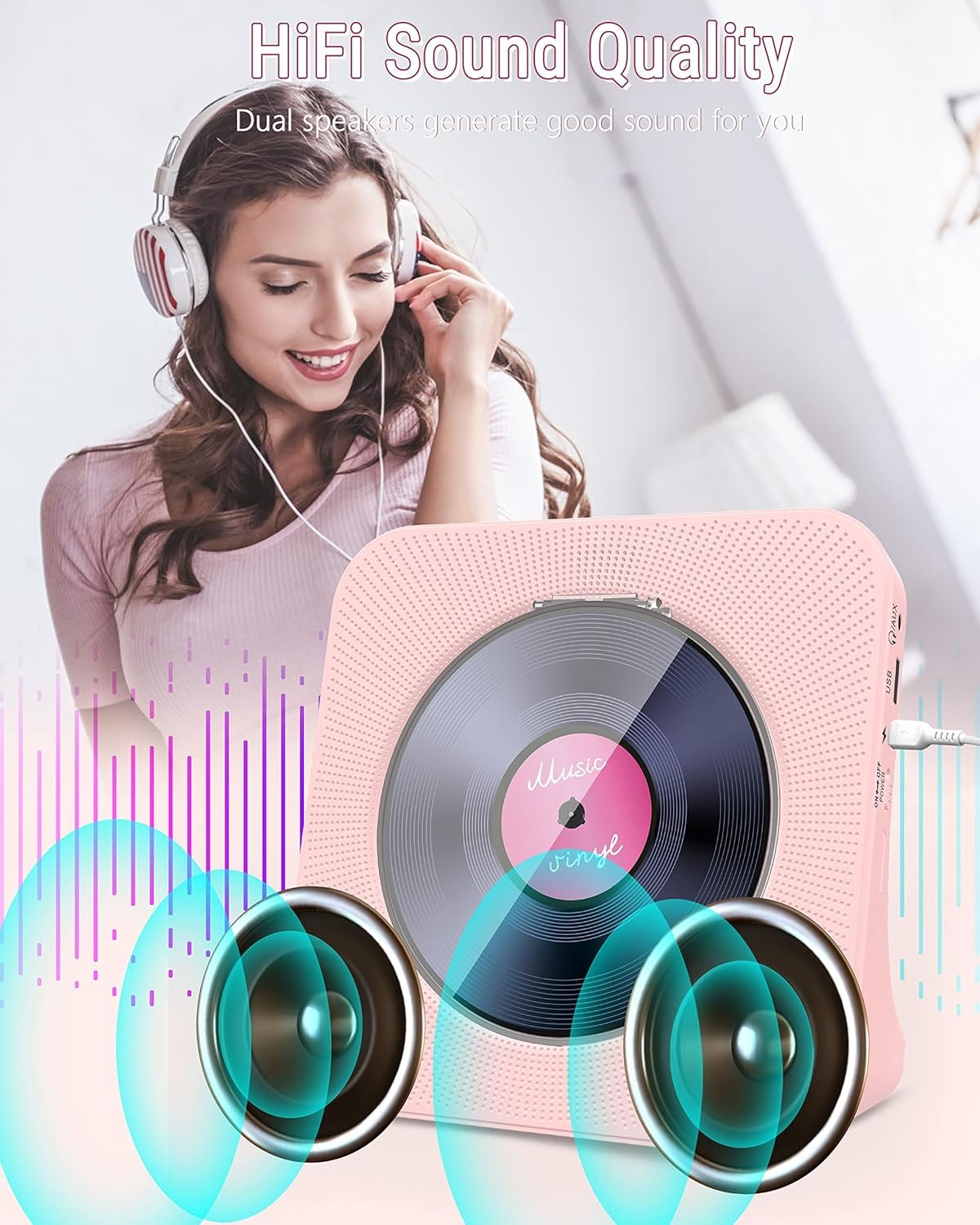 Greadio CD Player Portable with Bluetooth 5.0, HiFi Sound Speaker, CD Music Player with Remote Control, Dust Cover, FM Radio, LED Screen, Support AUX/USB, Headphone Jack for Home, Kids, Kpop, Gift - Image 5