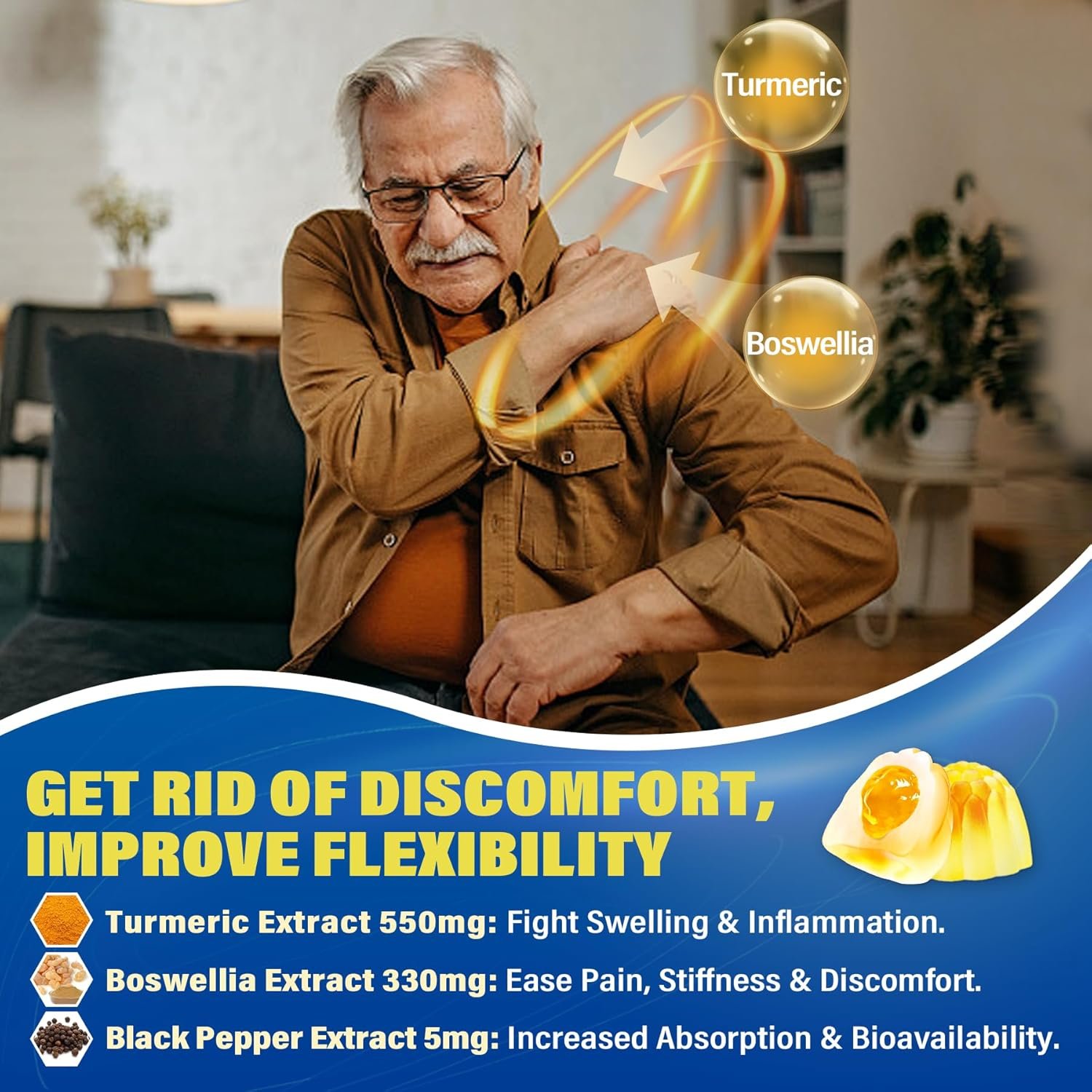 Sugar Free Glucosamine Chondroitin MSM Filled Gummies 3100mg - Joint Support Supplement - Plus Turmeric, Boswellia, Hyaluronic Acid & Vitamin D3, Mobility, Comfort, Flexibility & Bone Support, 60Cts - Image 5