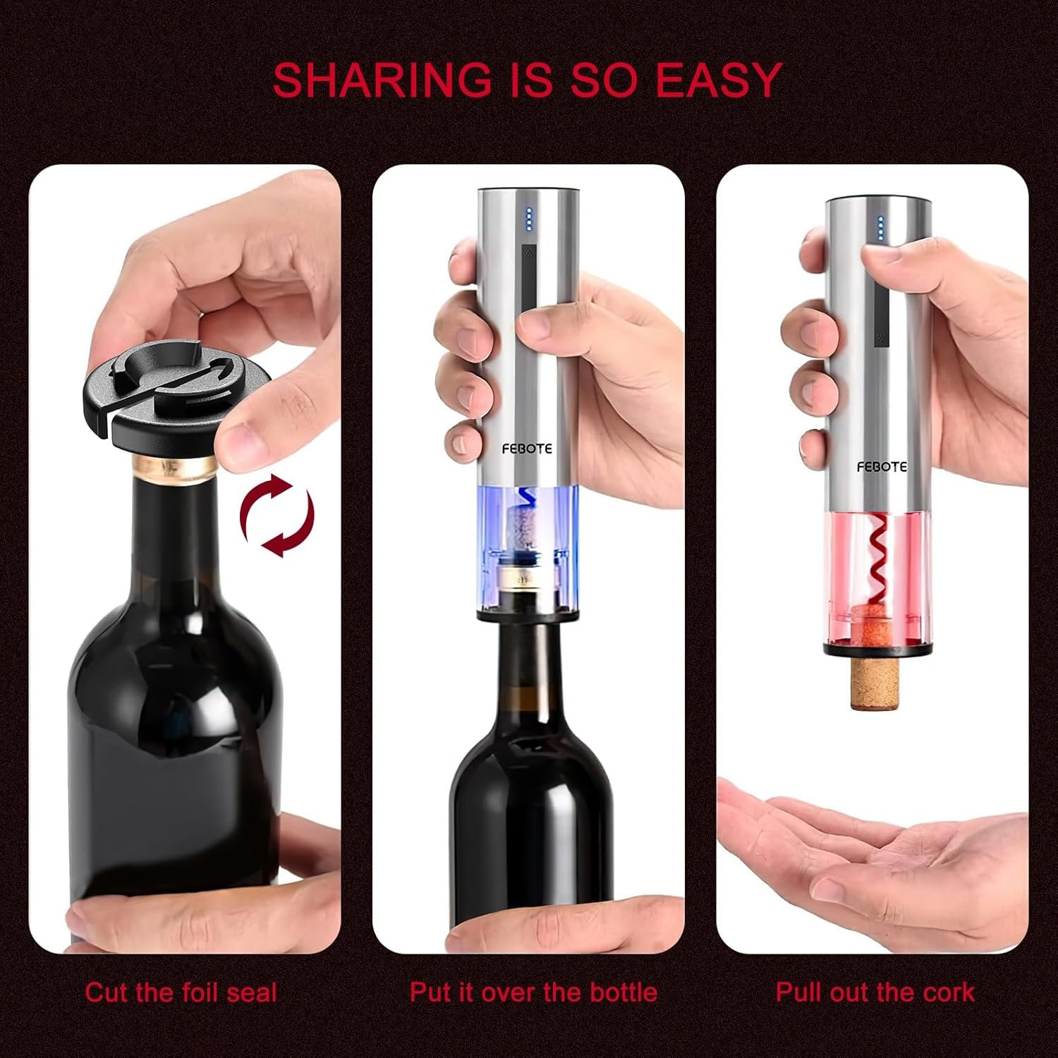 Electric Wine Opener Set, Rechargable Automatic Wine Bottle Corkscrew Opener with Wood Stand - 2 Vacuum Wine Stoppers Wine Aerator Foil Cutter for Home Bar Party Valentine's Day Christmas Gift - Image 8