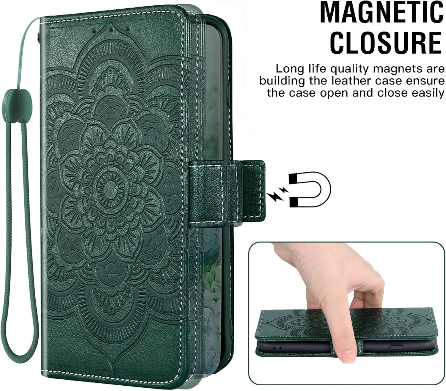 Asuwish Phone Case for Samsung Galaxy A14 5G Wallet Cover with Tempered Glass Screen Protector and Leather Flip Credit Card Holder Stand Flower TPU Cell Accessories A 14 4G 14A G5 Women Men Dark Green - Image 5