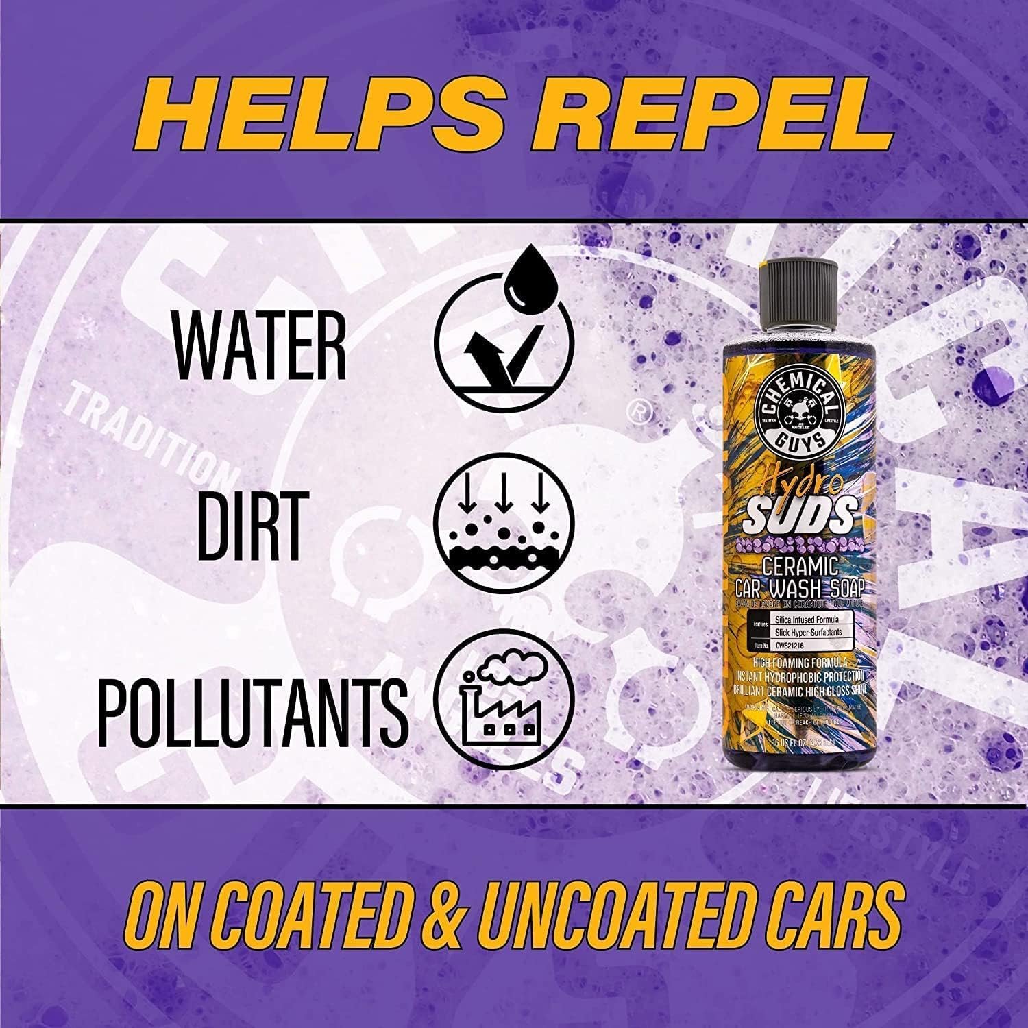 Chemical Guys CWS2121602 HydroSuds Ceramic SiO2 Shine High Foaming Car Wash Soap + 2-Pack 16 fl oz, Berry Scent + Professional Grade Premium Microfiber Towels, Gold (16 Inch x 16 Inch) (Pack of 3) - Image 3