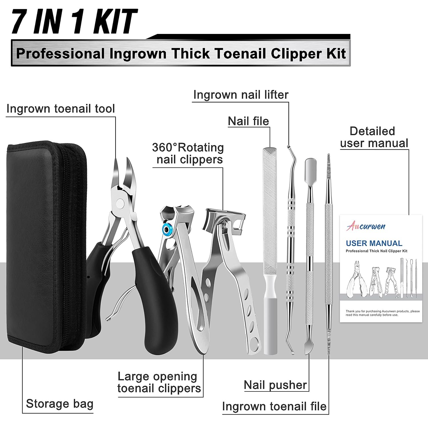 Toenail Clippers for Seniors Thick Toenails, Aucurwen Heavy Duty Toe Nail Clippers Adult Thick Nails Long Handle, Large Toenail Clippers for Thick Nails 7Pcs - Image 3