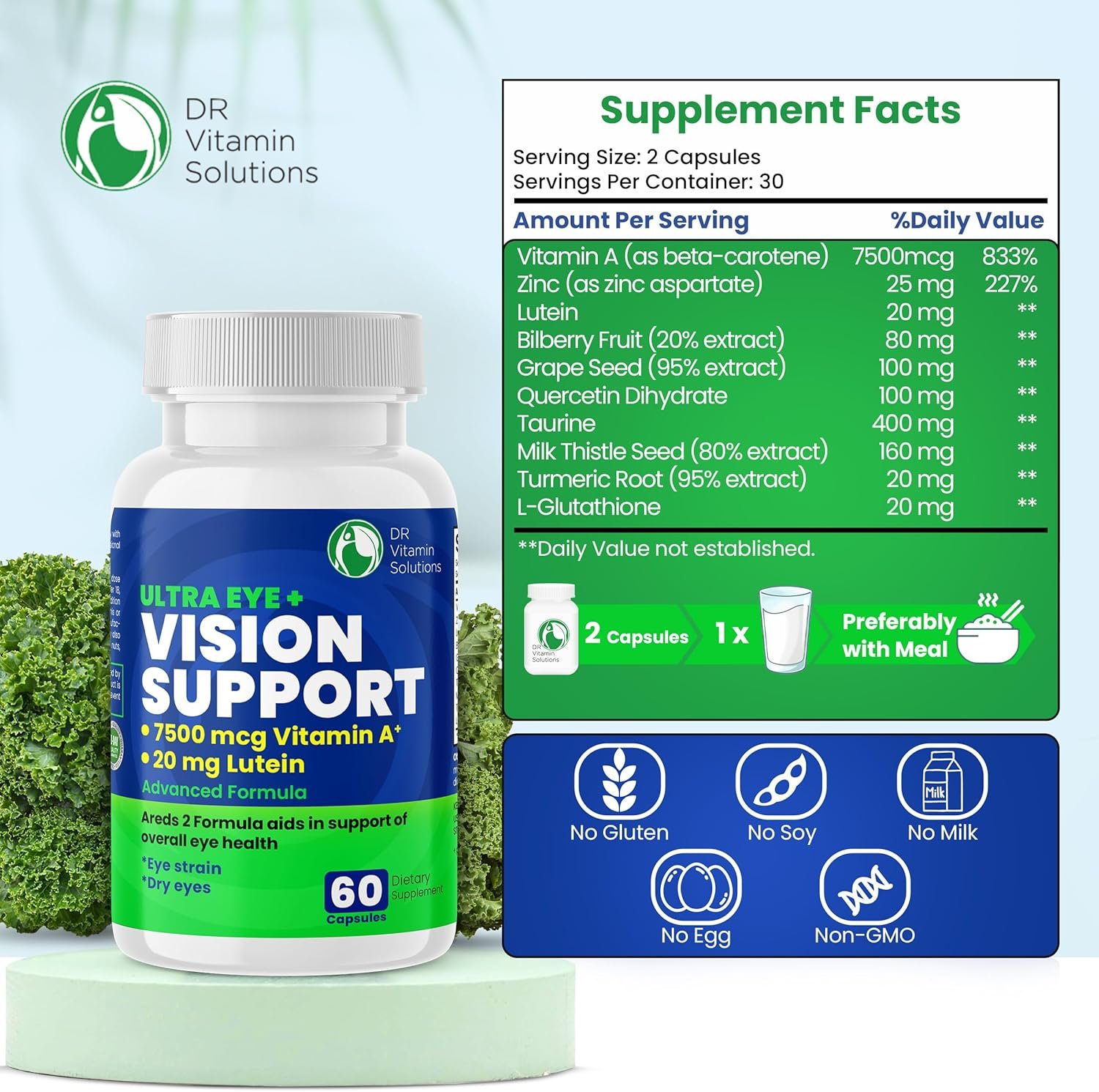 Vision Support Eye Vitamins for Macular Health | Supplements with Lutein, Zinc, Vitamin A & Bilberry | Areds 2 Formula for Red & Dry Eyes, Sight Care (1 Bottle, 60 Capsules) - Image 3
