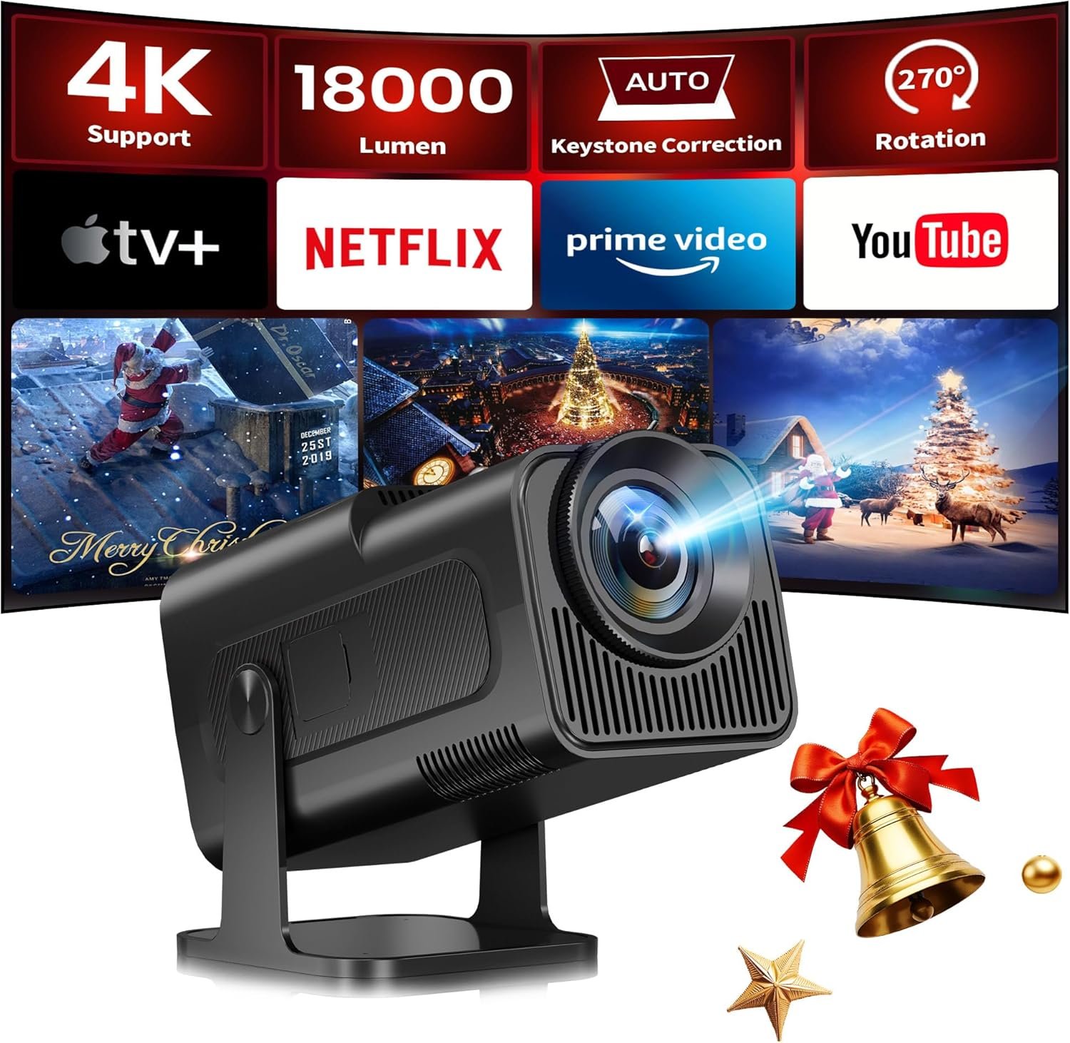 Allesin Mini Smart Projector with wifi and bluetooth, Full HD 1080P proyector 4K Supported 18000 Lumen, Auto Keystone Ceiling Projector Focu 270 Degree Rotation, Projector with Android11.0, Black - Image 2