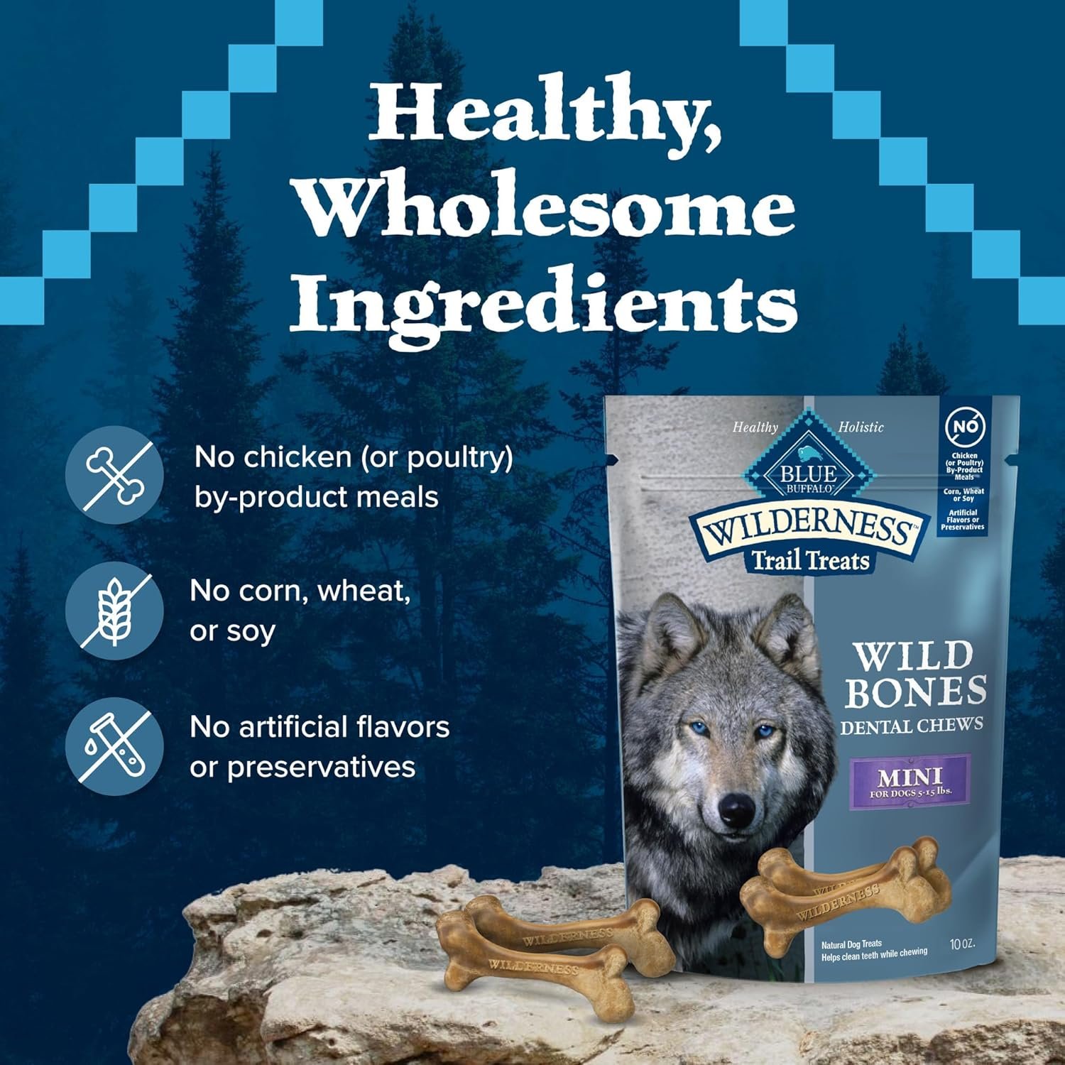 Blue Buffalo Wilderness Wild Bones Grain-Free Dental Chews Dog Treats, Mini, 10-oz Bag - Image 8