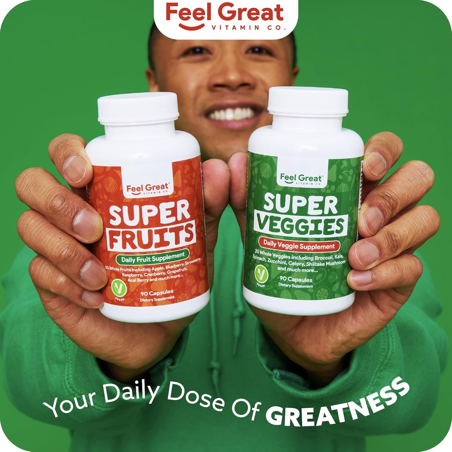 Feel Great Fruit and Vegetable Supplements | 20+ Super Reds & Greens for Natural Energy Support | Vegan Fruit and Veggie Vitamins | 2 Pack of 90 Count Each - Image 3